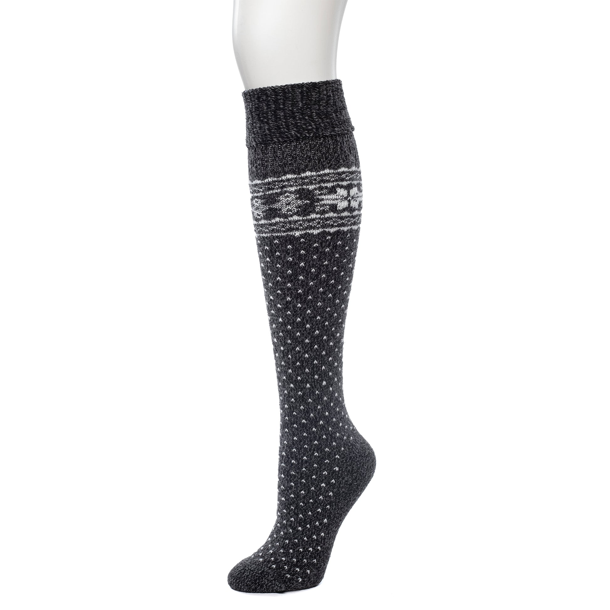 Black snowflake knee high sock.