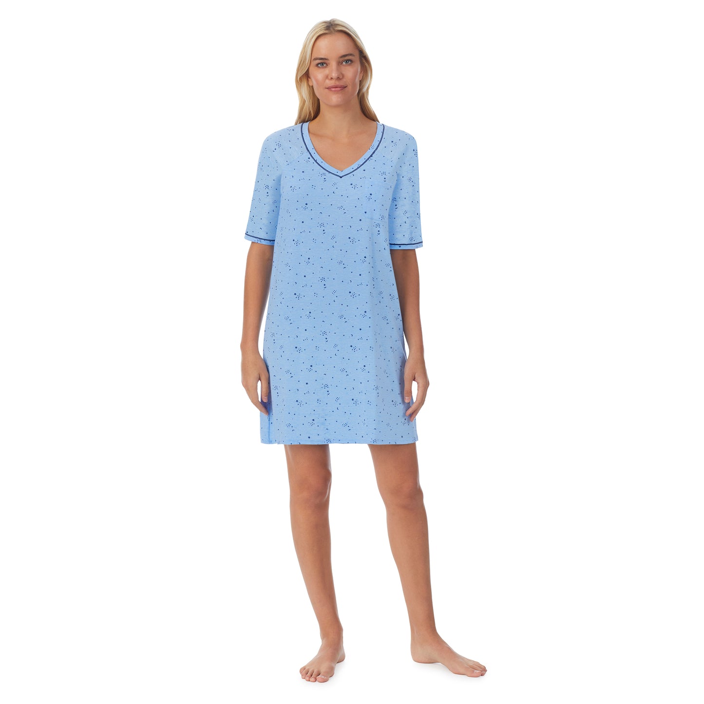 Navy Celestial; Model is wearing size S. She is 5'9", Bust 34", Waist 26", Hips 36".@ A lady wearingCuddl Smart Elbow Sleeve Sleep Tee with Navy Celestial print