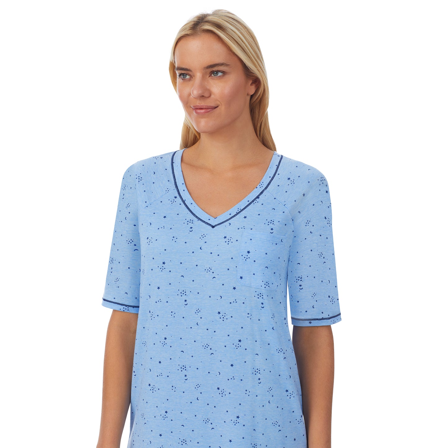 Navy Celestial; Model is wearing size S. She is 5'9", Bust 34", Waist 26", Hips 36".@ A lady wearingCuddl Smart Elbow Sleeve Sleep Tee with Navy Celestial print