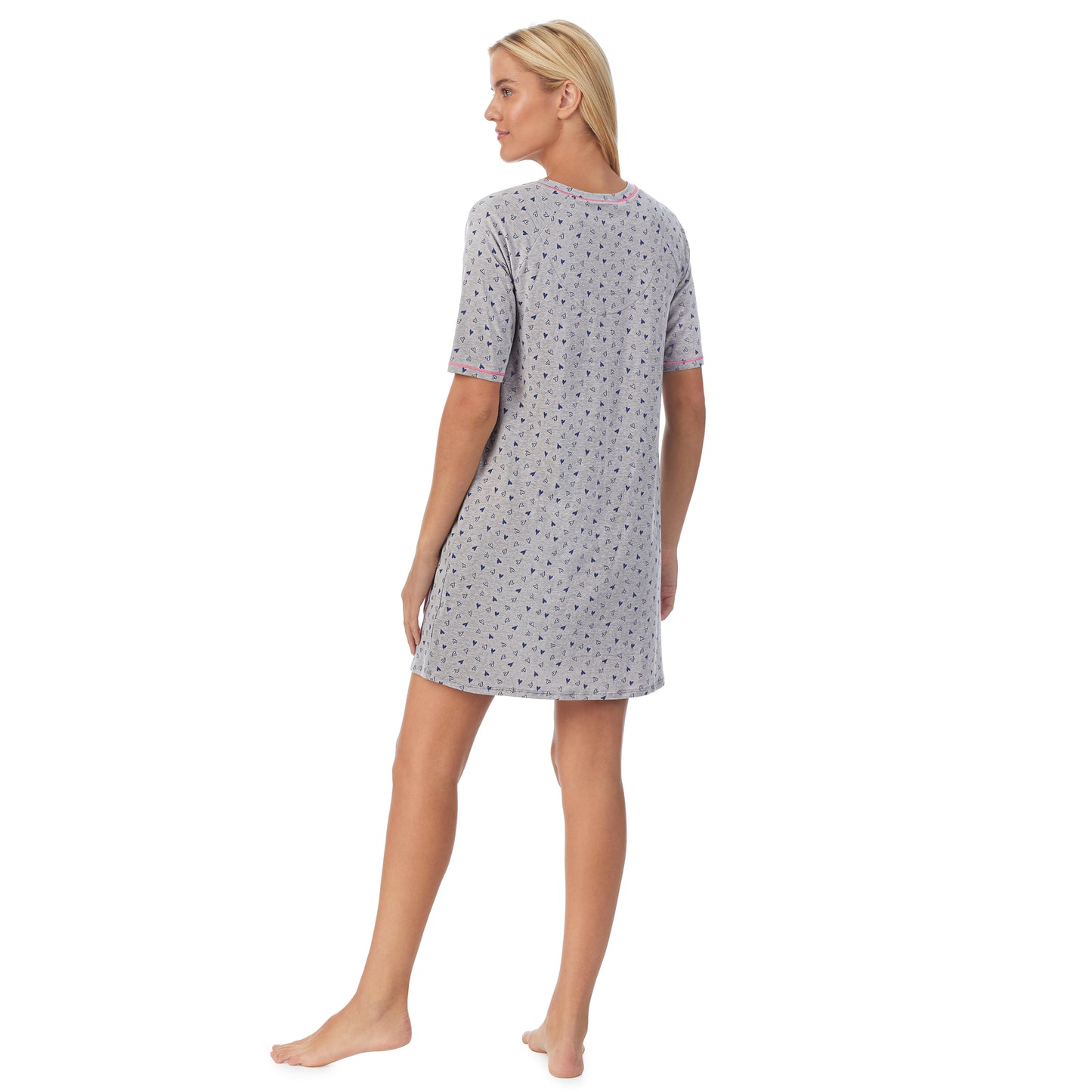 Heather Hearts; Model is wearing size S. She is 5'9", Bust 34", Waist 26", Hips 36".@ A lady wearingCuddl Smart Elbow Sleeve Sleep Tee with Heather Hearts print