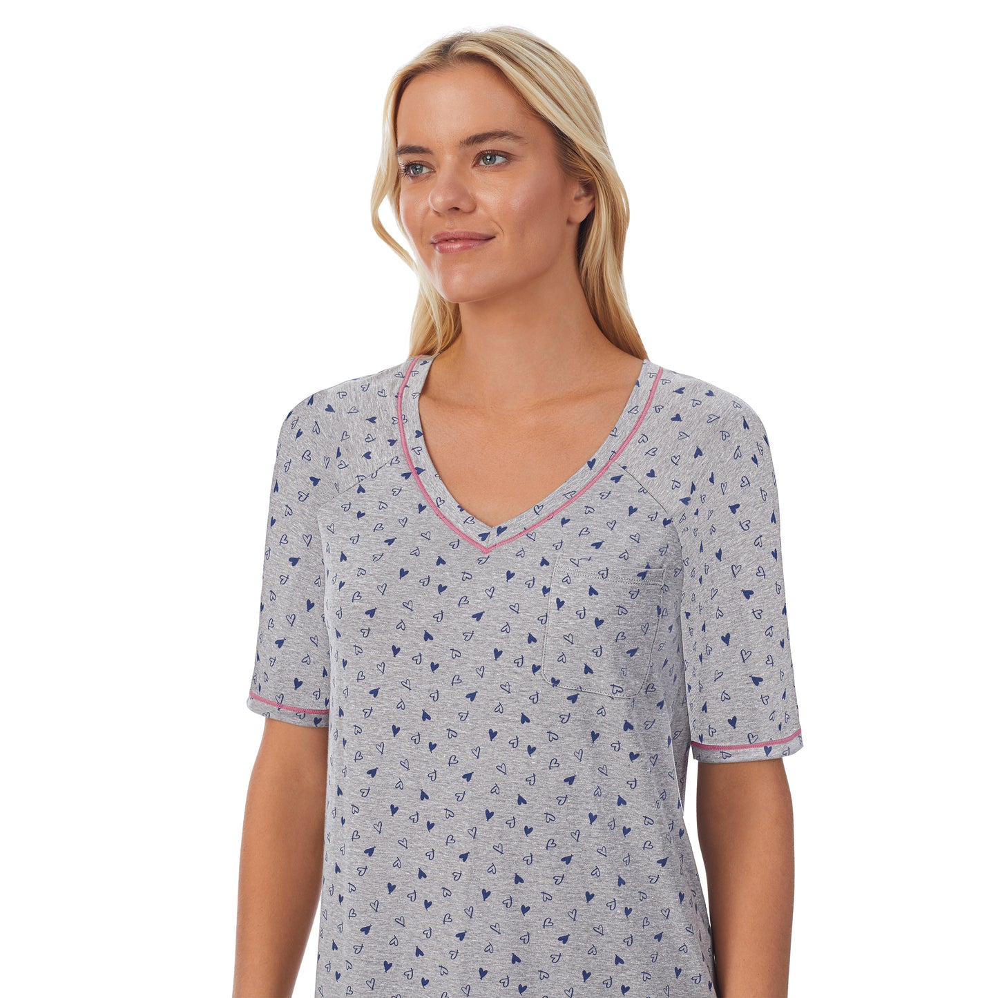 Heather Hearts; Model is wearing size S. She is 5'9", Bust 34", Waist 26", Hips 36".@ A lady wearingCuddl Smart Elbow Sleeve Sleep Tee with Heather Hearts print