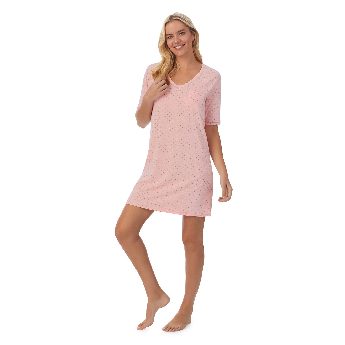 Dot; Model is wearing size S. She is 5'9", Bust 34", Waist 26", Hips 36".@ A lady wearingCuddl Smart Elbow Sleeve Sleep Tee with Dot print