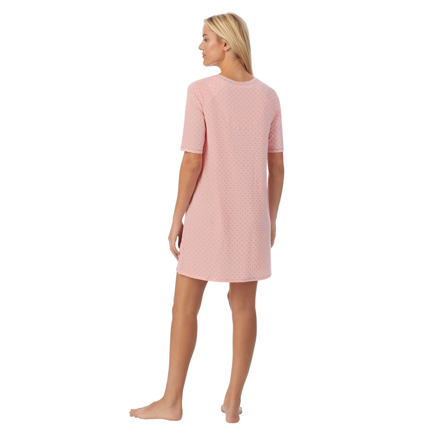 Dot; Model is wearing size S. She is 5'9", Bust 34", Waist 26", Hips 36".@ A lady wearingCuddl Smart Elbow Sleeve Sleep Tee with Dot print