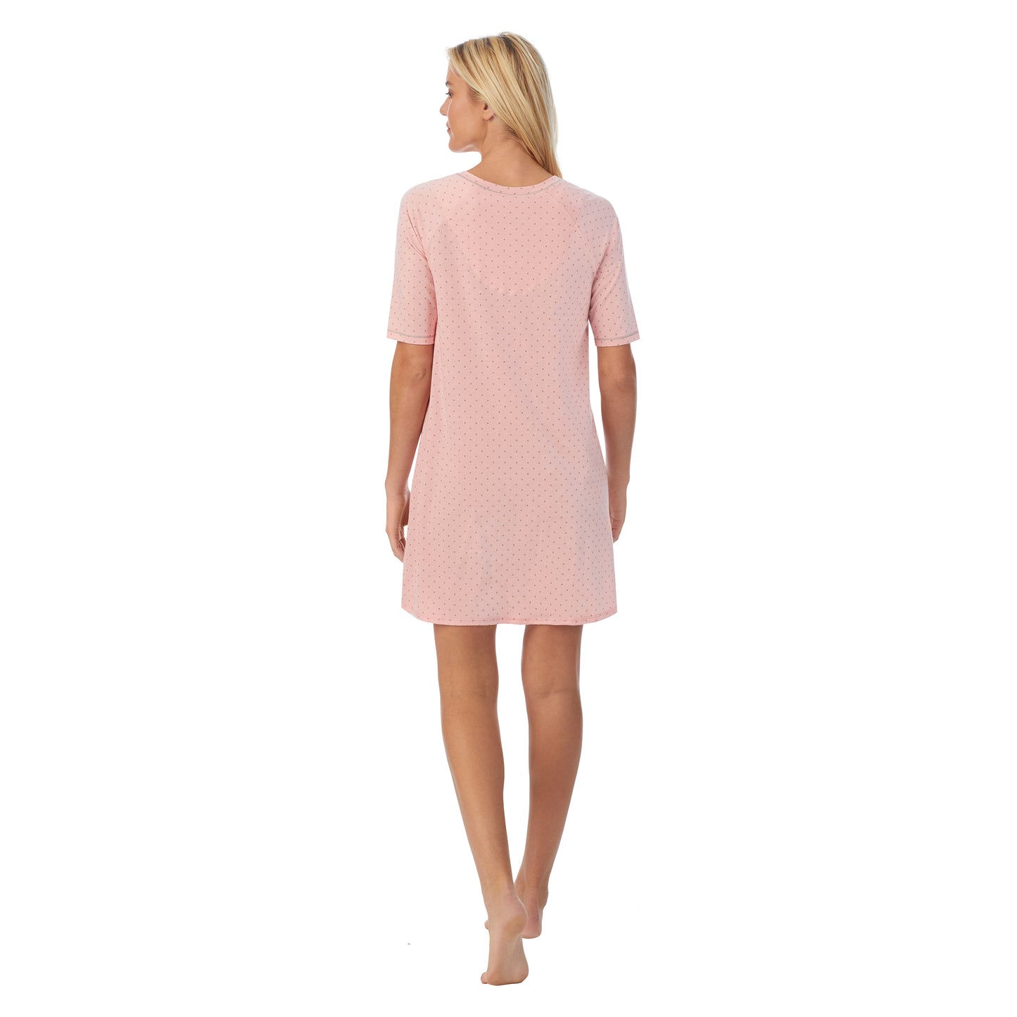 Dot; Model is wearing size S. She is 5'9", Bust 34", Waist 26", Hips 36".@ A lady wearingCuddl Smart Elbow Sleeve Sleep Tee with Dot print