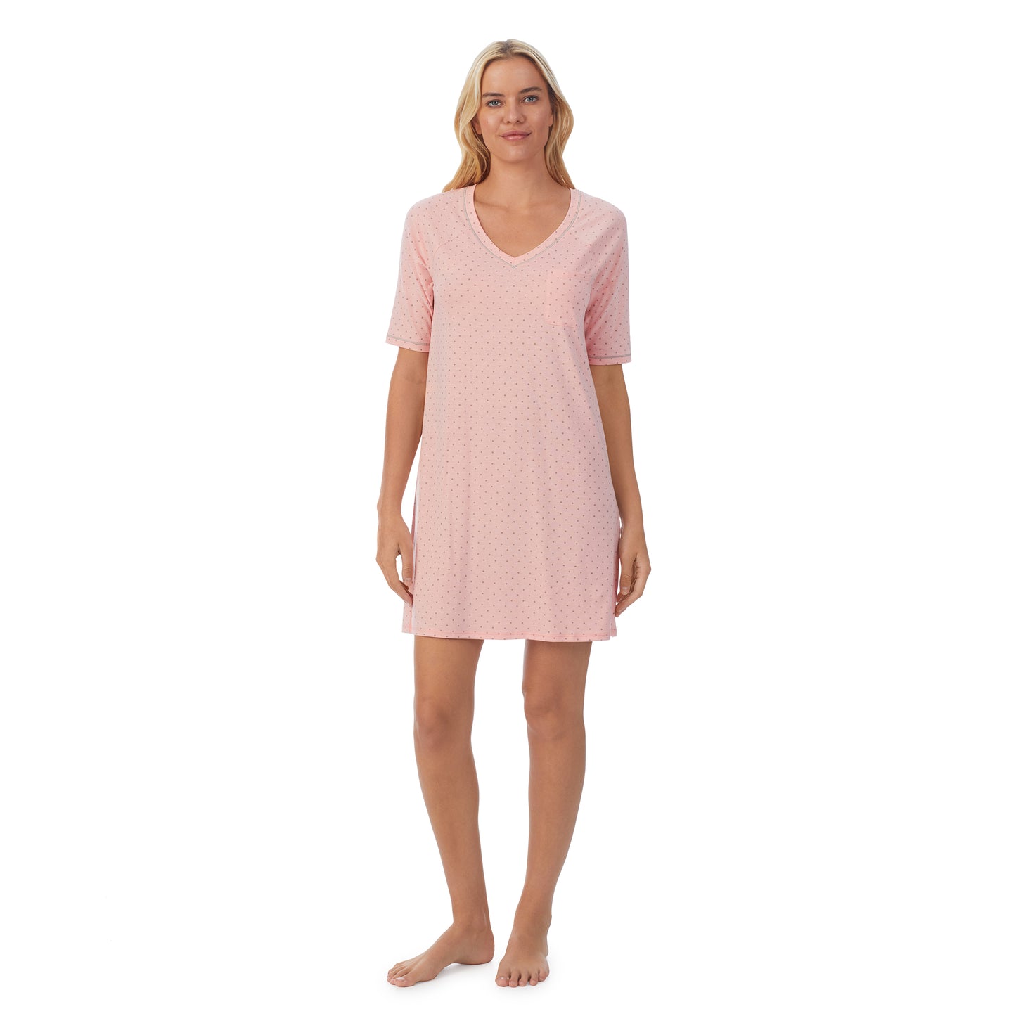Dot; Model is wearing size S. She is 5'9", Bust 34", Waist 26", Hips 36".@ A lady wearingCuddl Smart Elbow Sleeve Sleep Tee with Dot print