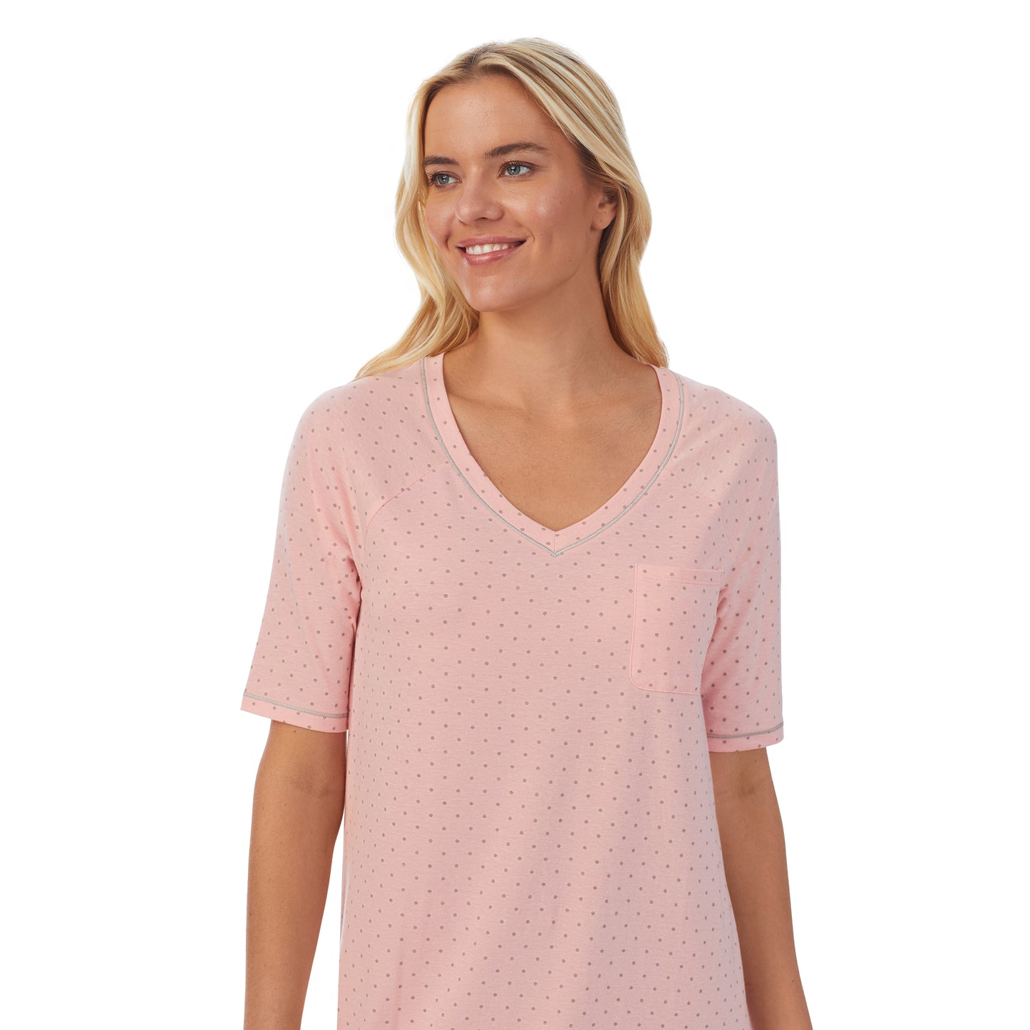 Dot; Model is wearing size S. She is 5'9", Bust 34", Waist 26", Hips 36".@ A lady wearingCuddl Smart Elbow Sleeve Sleep Tee with Dot print