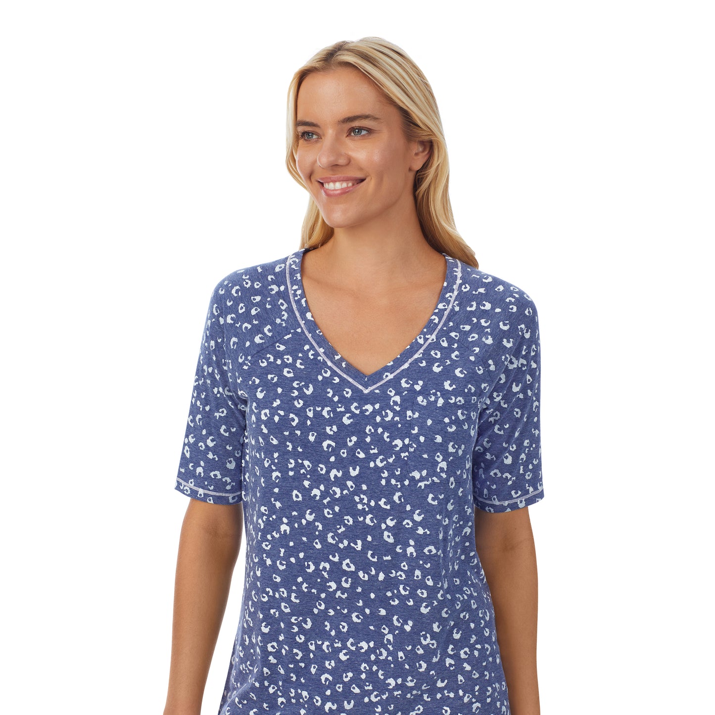 Navy Animal;Model is wearing size S. She is 5'9", Bust 34", Waist 26", Hips 36".@ A lady wearingCuddl Smart Elbow Sleeve Top with Cropped Pant Pajama Set with Navy Animal print