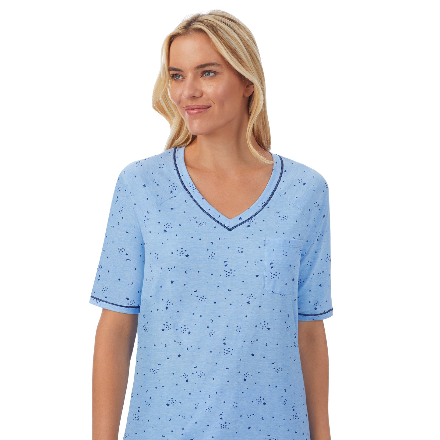 Navy Celestial;Model is wearing size S. She is 5'9", Bust 34", Waist 26", Hips 36".@ A lady wearingCuddl Smart Elbow Sleeve Top with Cropped Pant Pajama Set with Navy Celestial print