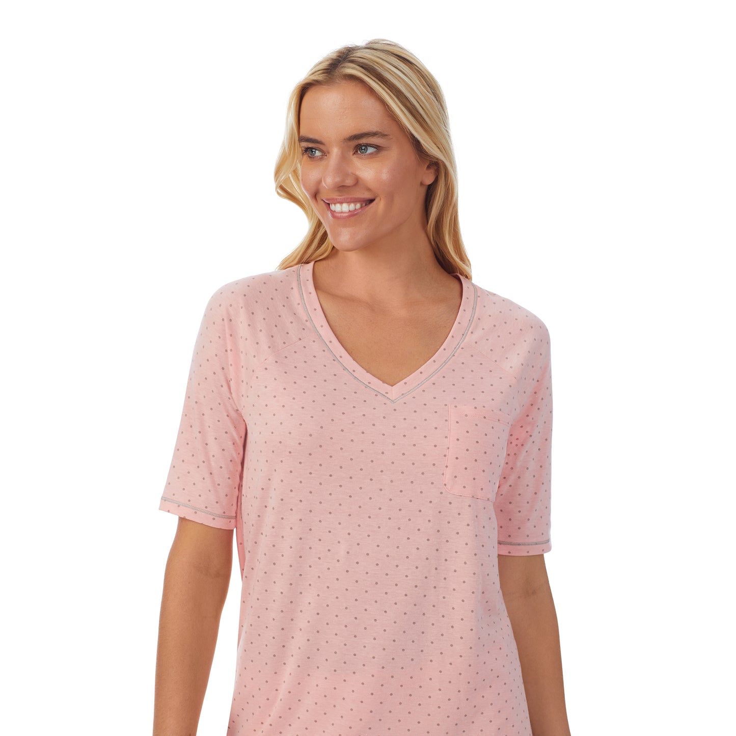 Dot;Model is wearing size S. She is 5'9", Bust 34", Waist 26", Hips 36".@ A lady wearingCuddl Smart Elbow Sleeve Top with Cropped Pant Pajama Set with Dot print