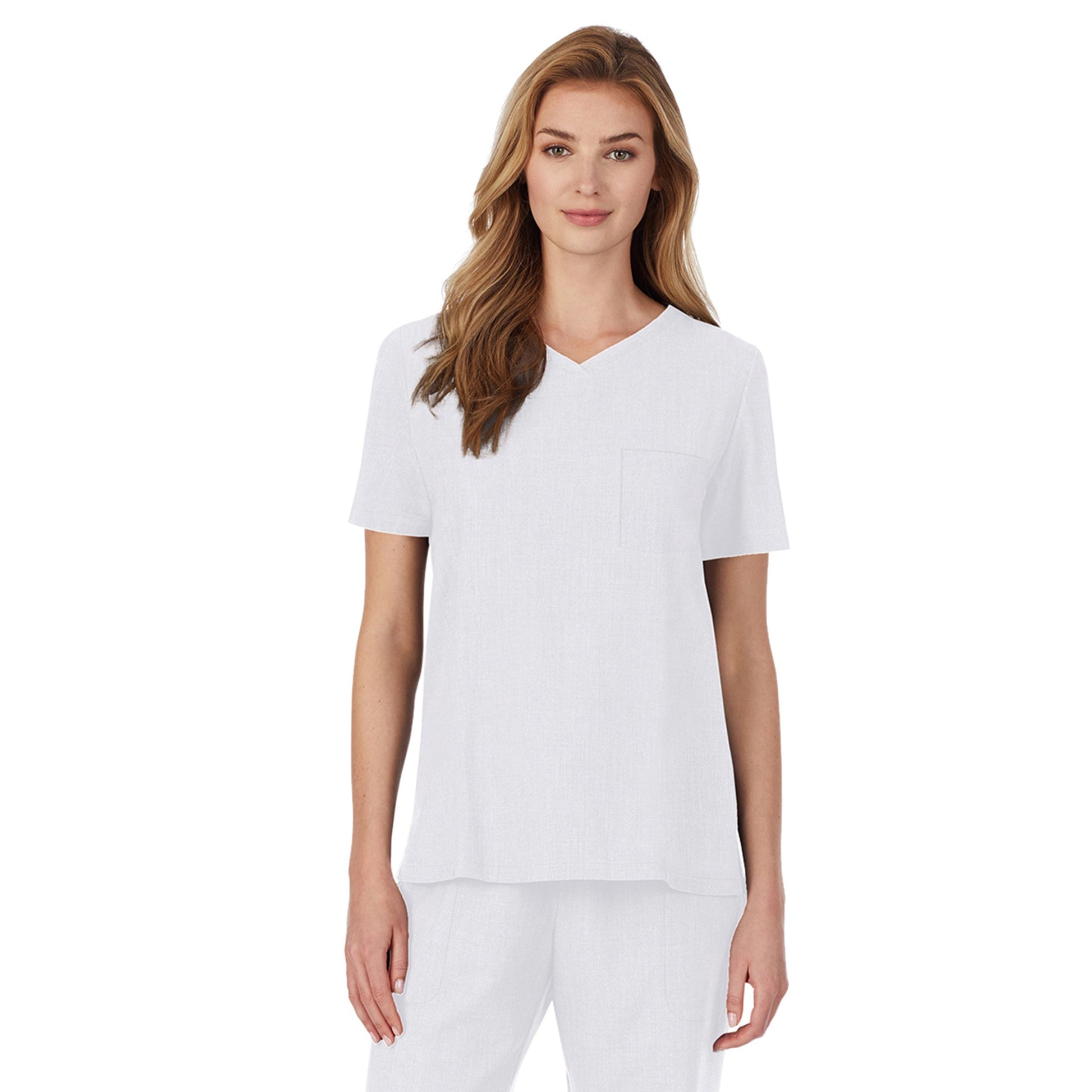 A lady wearing white scrub v-neck top with chest pocket petite.