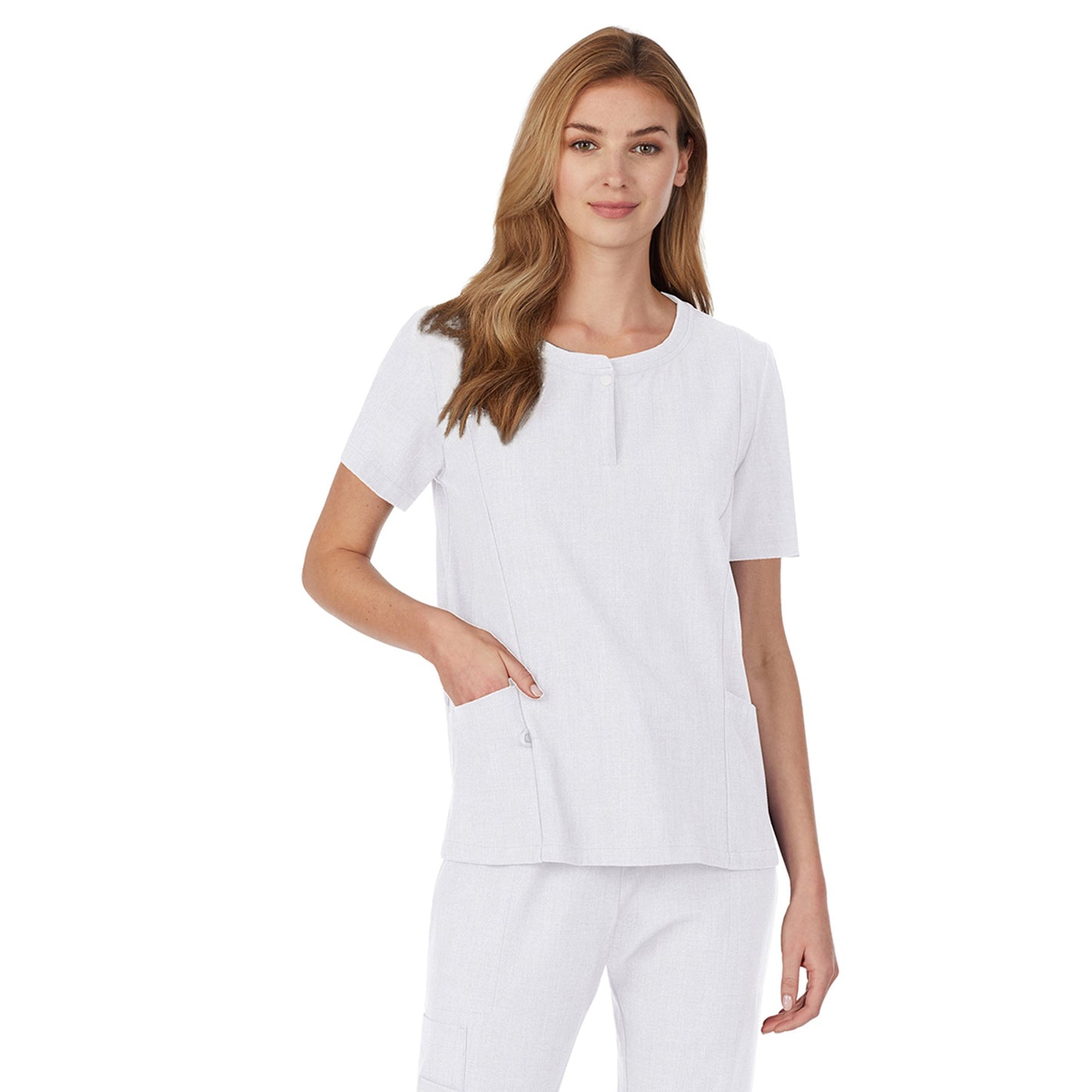 White;@A lady wearing white scrub henley neck top with side pockets petite.