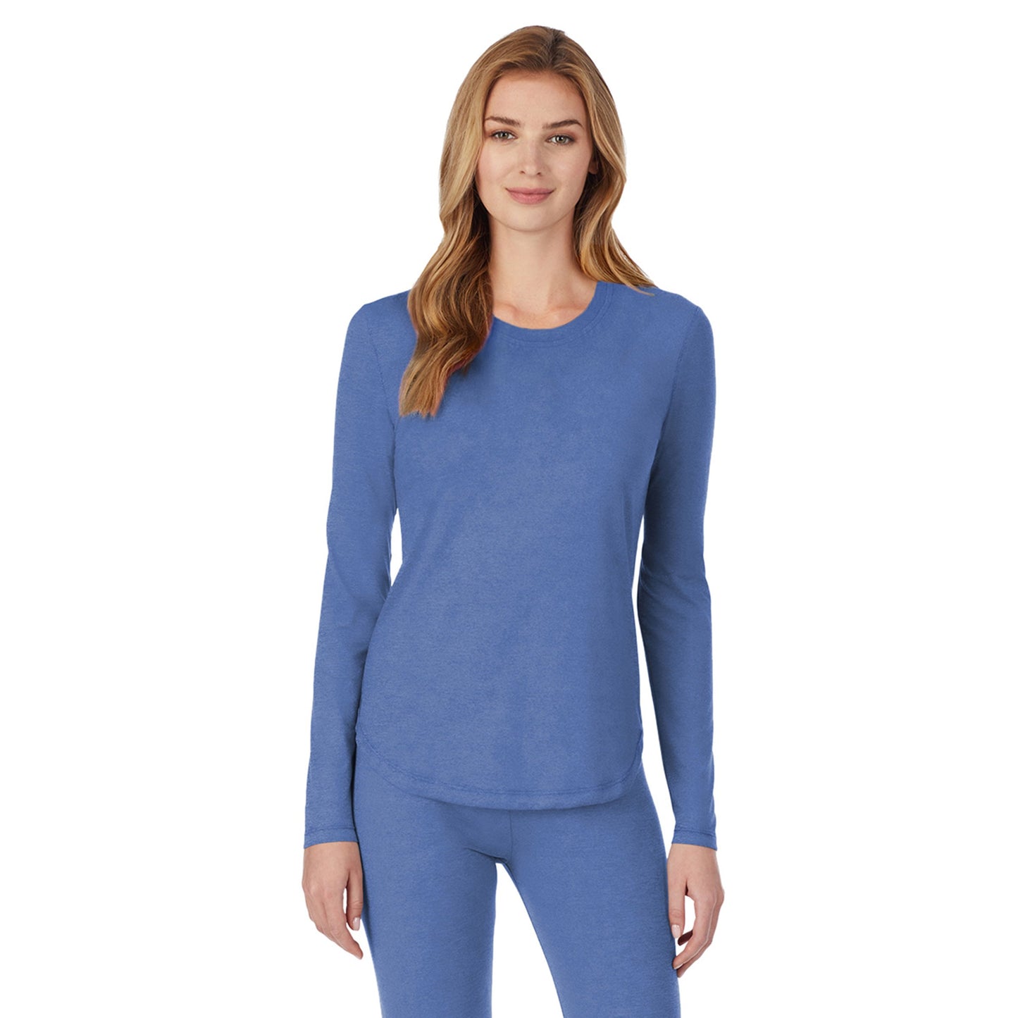 Ceil;Model is wearing size S. She is 5’9”, Bust 32”, Waist 23", Hips 34.5”.@A lady wearing ceil long sleeve underscrub crew neck to prtite.