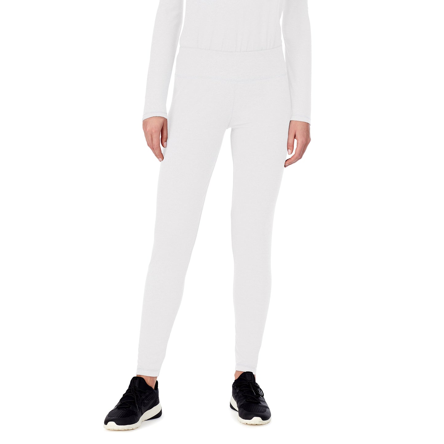 White;@A lady wearing white long sleeve underscrub legging petite.