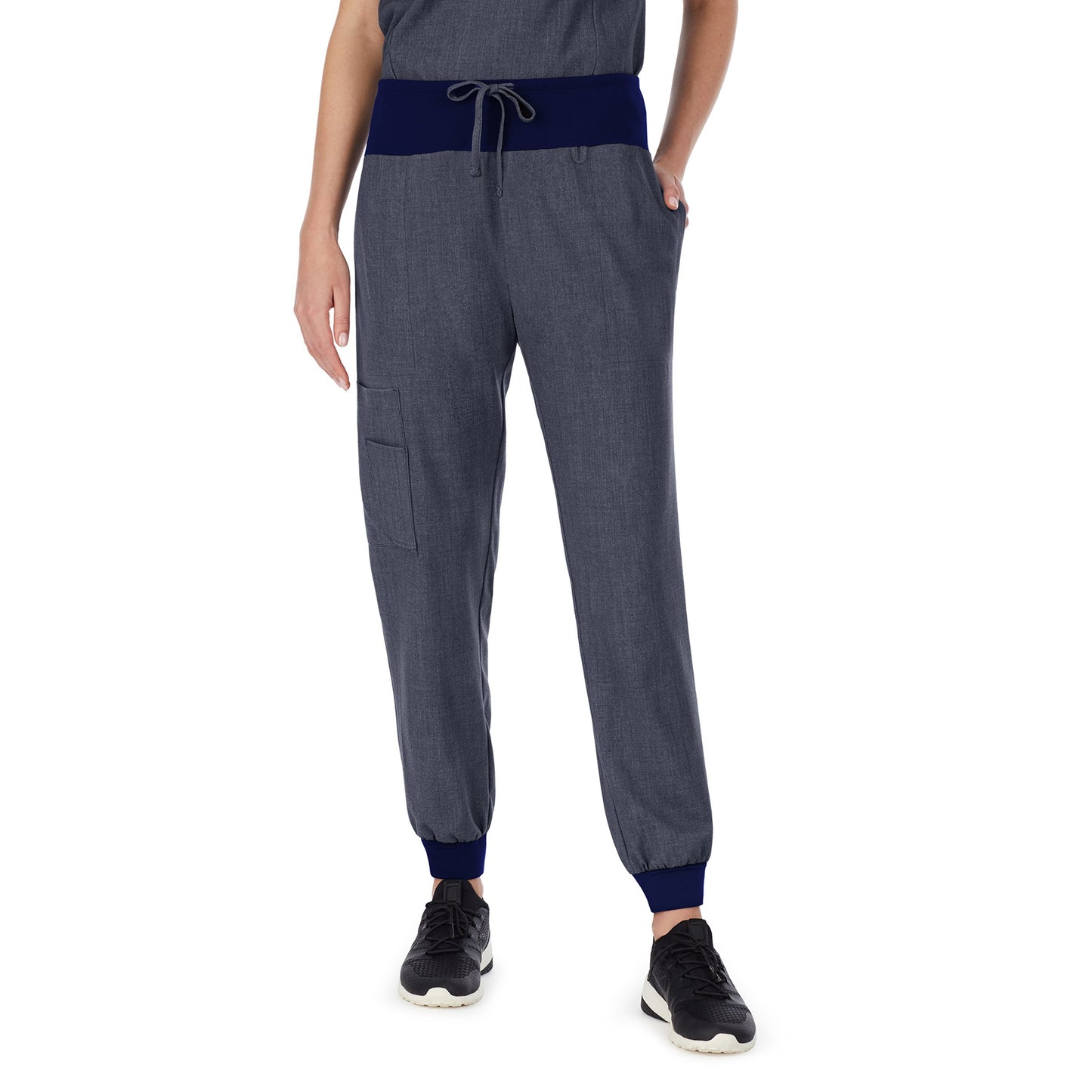 Navy;@A lady wearing navy heather scrub jogger pant petite.