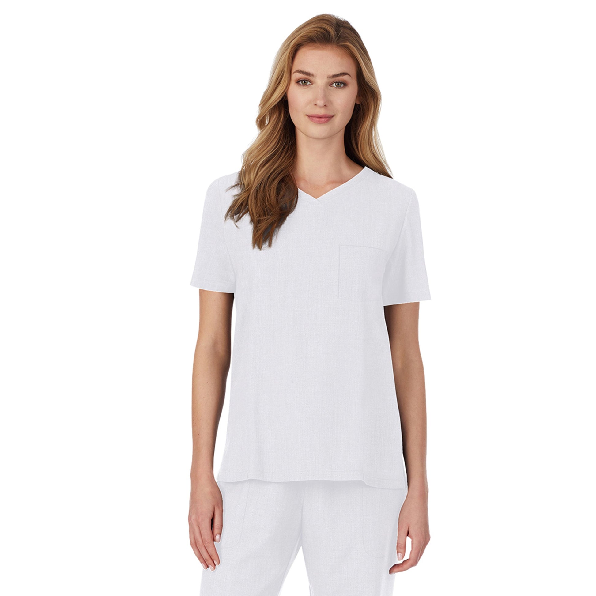 White;Model is wearing size S. She is 5’9”, Bust 32”, Waist 23", Hips 34.5”.@A lady wearing Cameo White short sleeve scrub v-neck top with chest pocket.