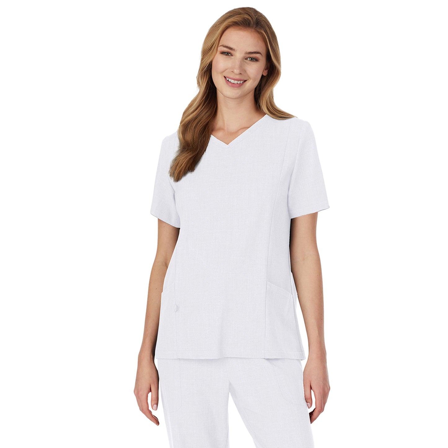 White;Model is wearing size S. She is 5’9”, Bust 32”, Waist 23", Hips 34.5”.@A lady wearing white scrub v-neck top with side pockets.