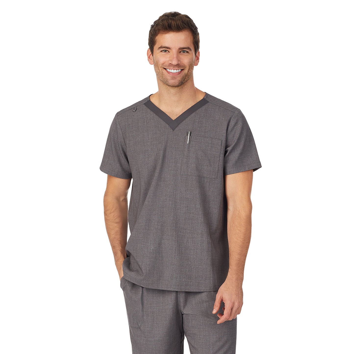 Charcoal Heather;Model is wearing size M. He is 6'2", Waist 32", Inseam 32".@A man wearing charcoal heather mens scrub v-neck top with chest pocket.