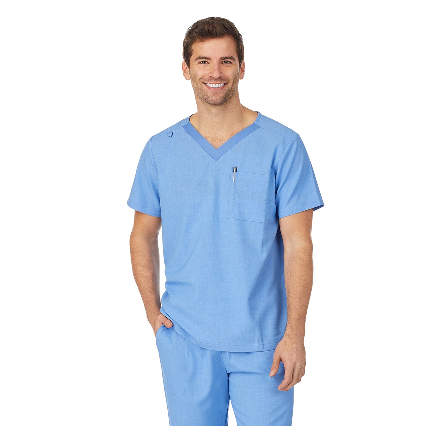Ceil Heather;Model is wearing size M. He is 6'2", Waist 32", Inseam 32".@A man wearing ceil heather mens scrub v-neck top with chest pocket.