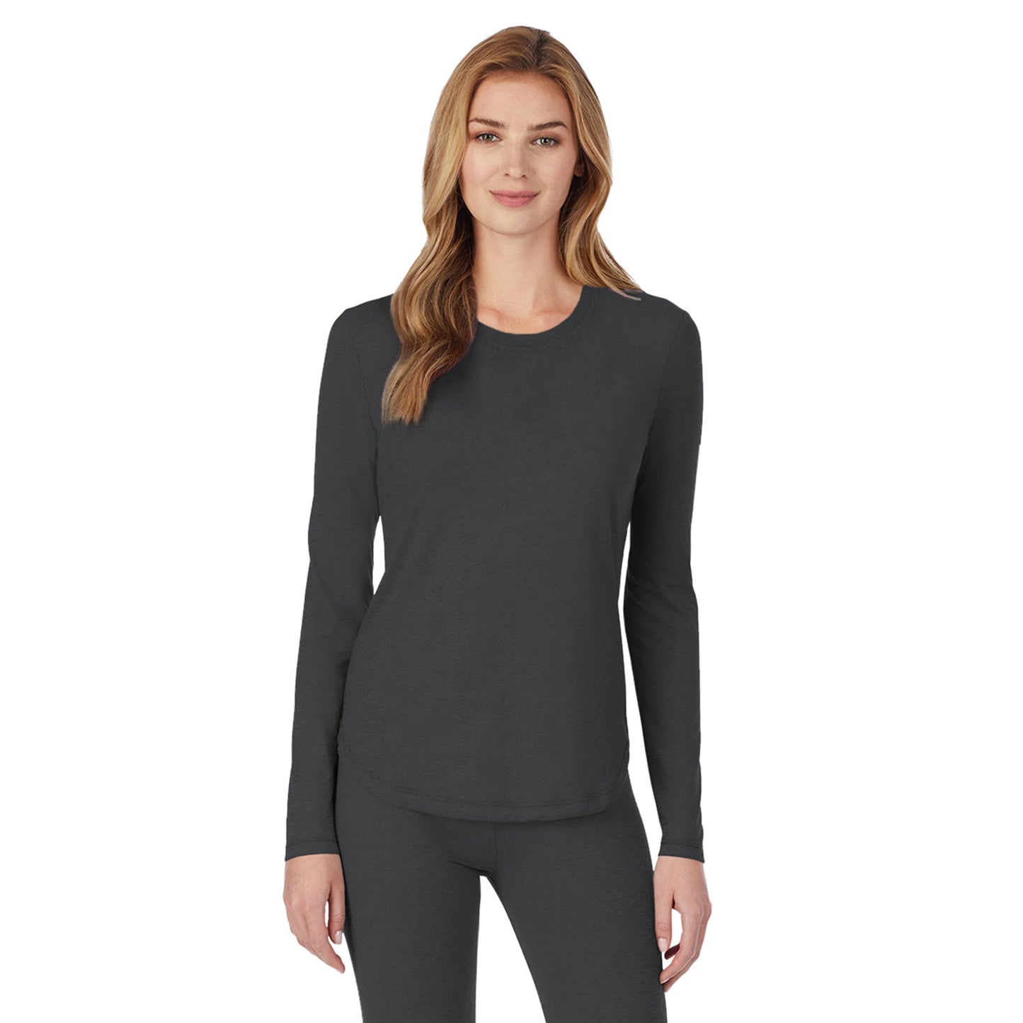 Charcoal;Model is wearing size S. She is 5’9”, Bust 32”, Waist 23", Hips 34.5”.@A lady wearing a charcoal long sleeve underscrub crew neck top.