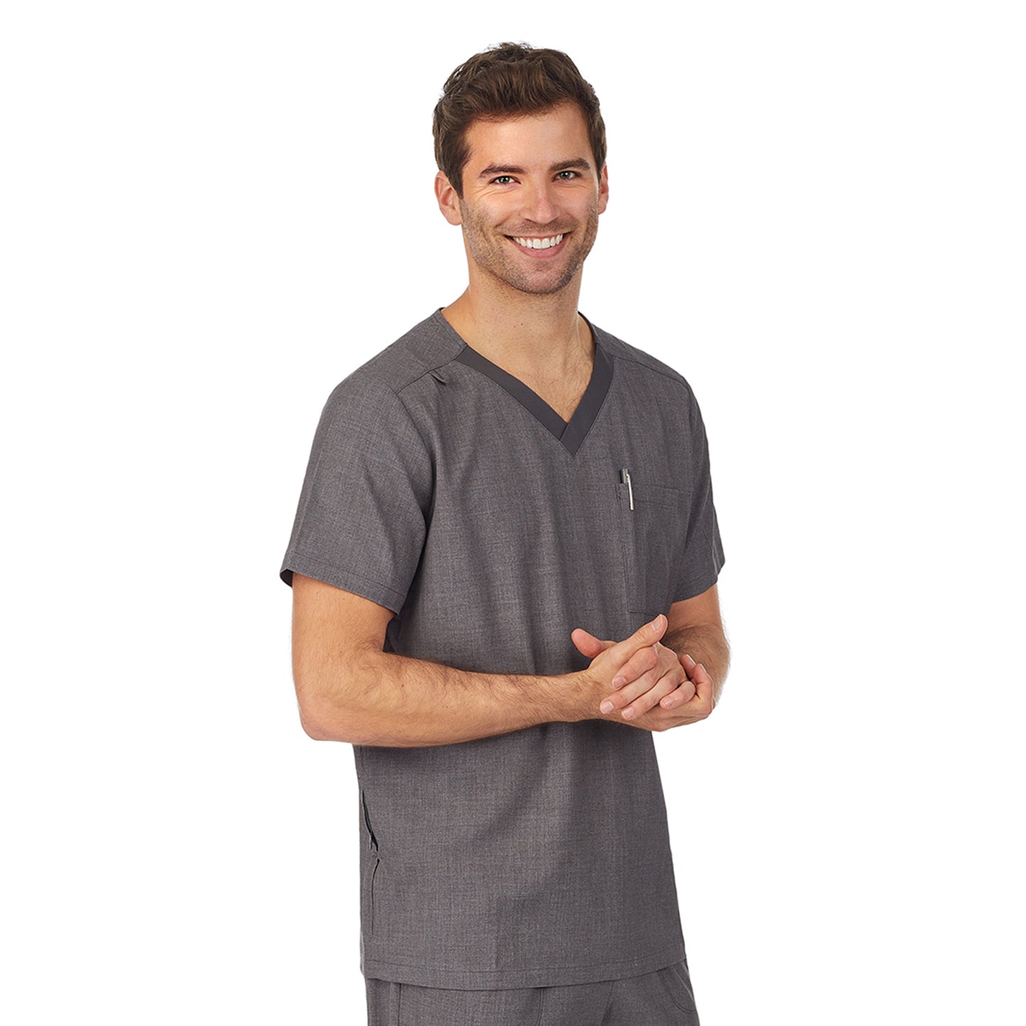 Charcoal Heather;Model is wearing size M. He is 6'2", Waist 32", Inseam 32".@A man wearing charcoal heather scrub v-neck top with pockets.