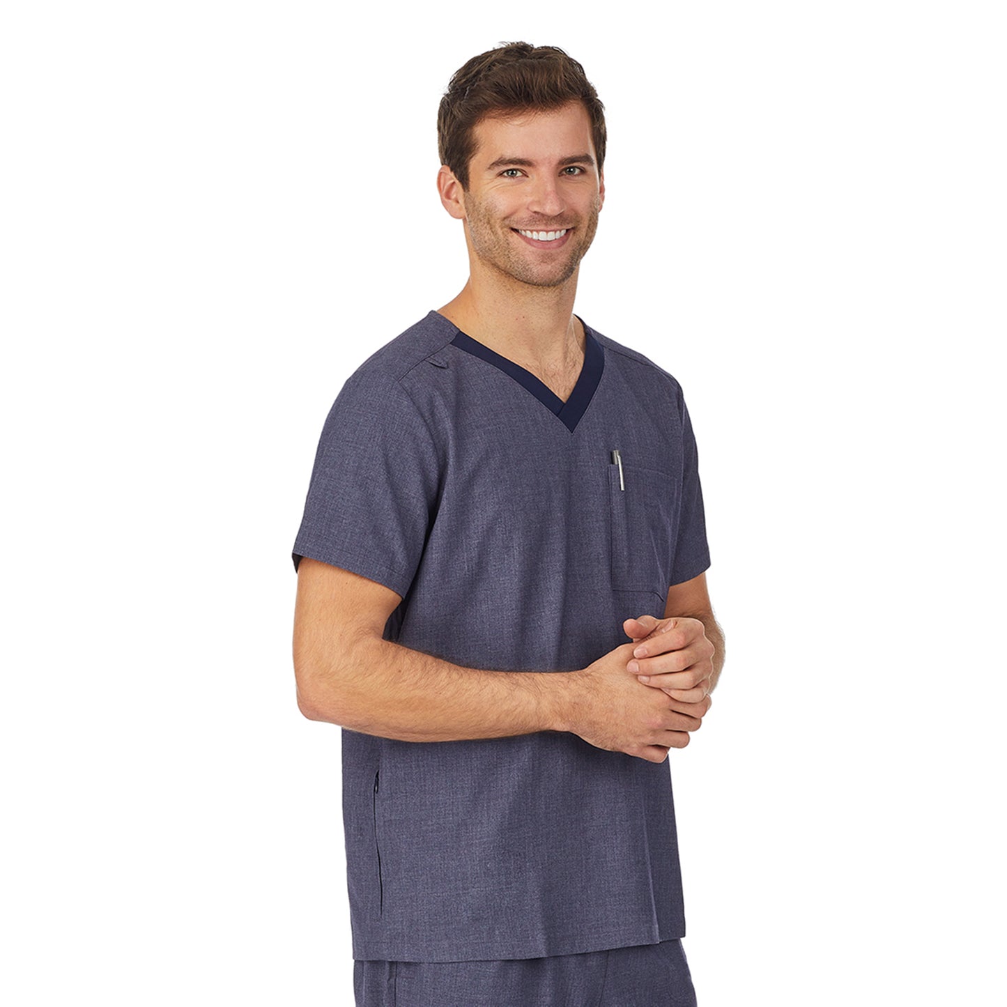 Navy Heather;Model is wearing size M. He is 6'2", Waist 32", Inseam 32".@A man wearing navy heather scrub v-neck top with pockets.