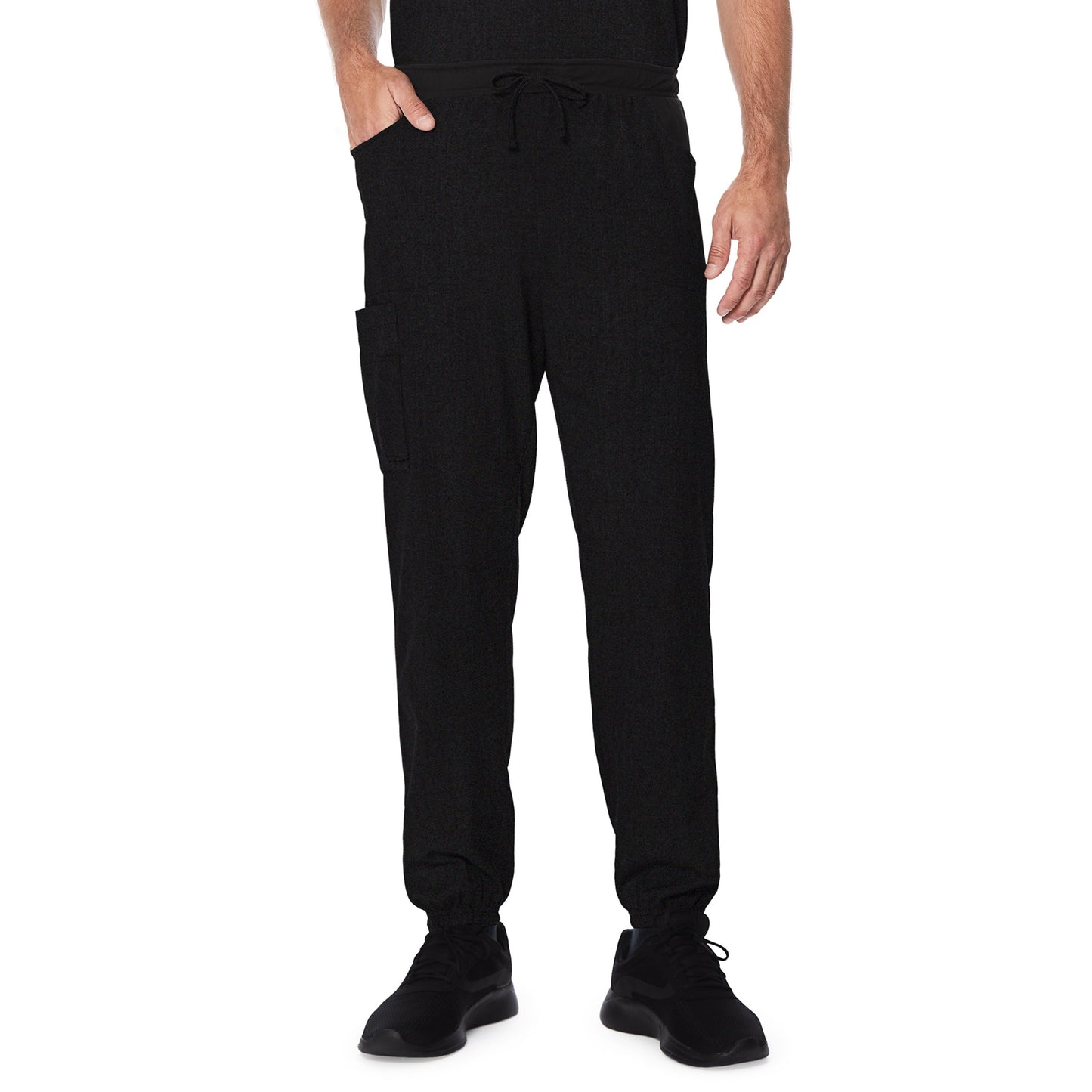 Black;Model is wearing size M. He is 6'2", Waist 32", Inseam 32".@A man wearing a black scrub jogger pant.