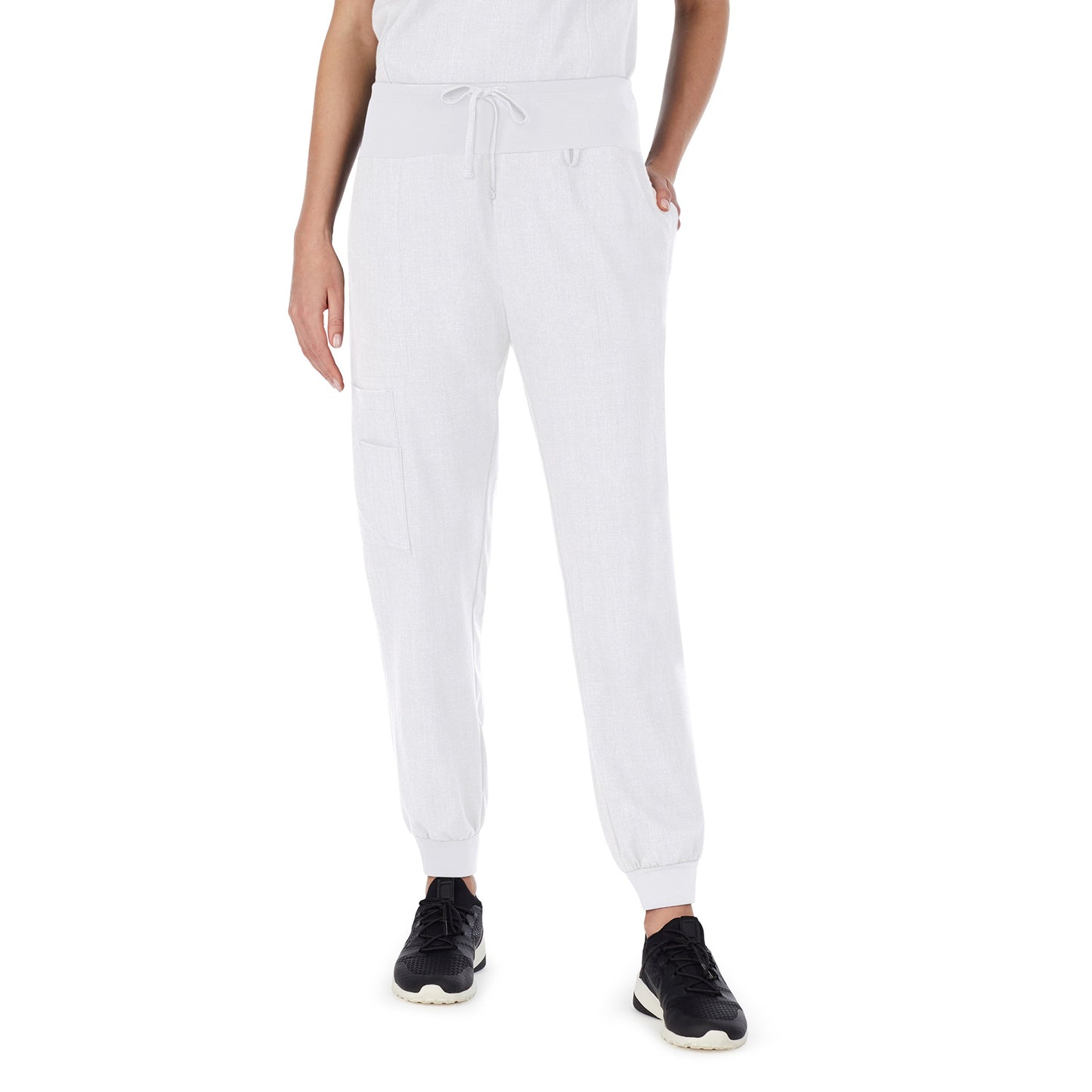 white;Model is wearing size S. She is 5’9”, Bust 32”, Waist 23", Hips 34.5”.@A lady wearing white scrub jogger pant.