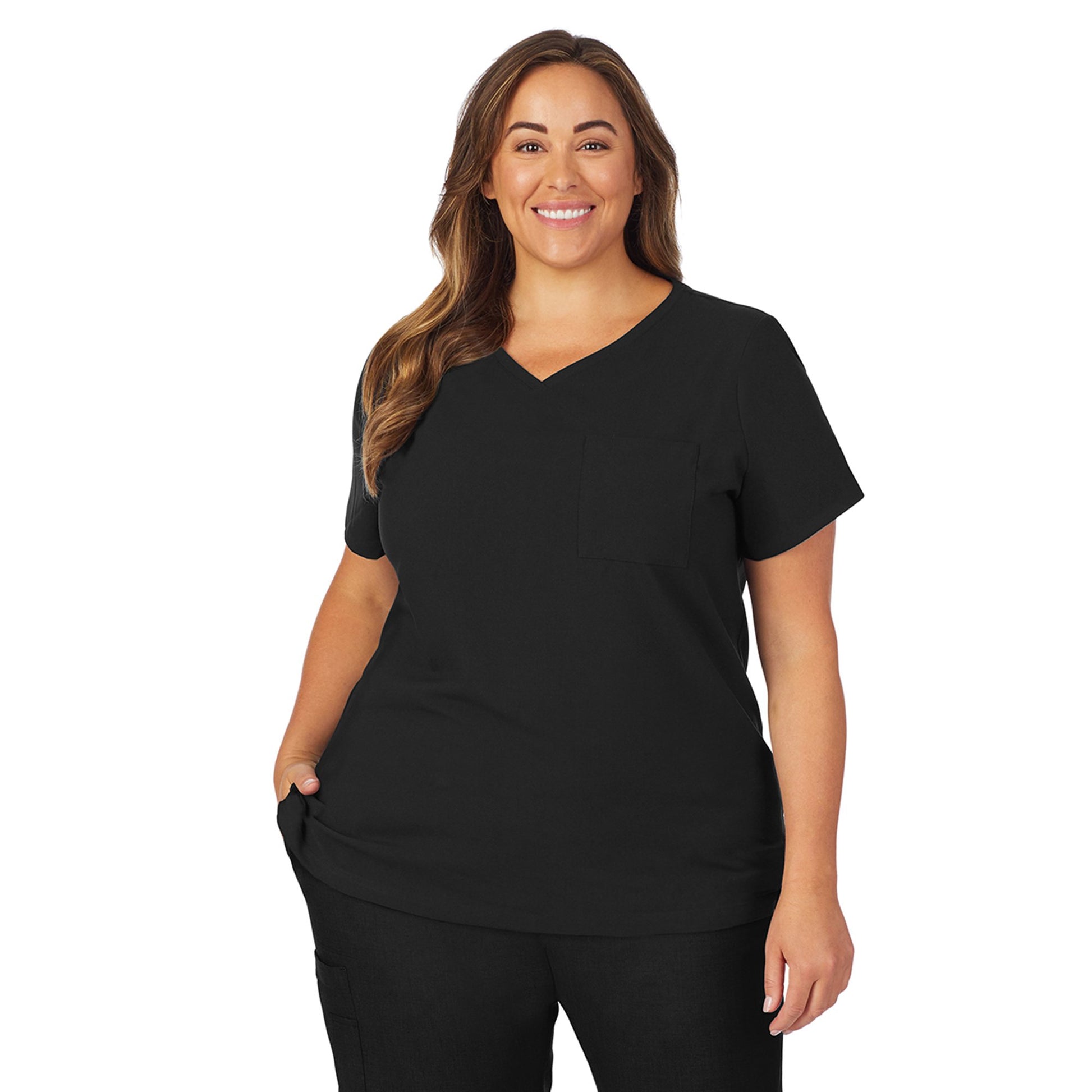 Black;Model is wearing size 1X. She is 5’9.5”, Bust 43”, Waist 37”, Hips 49.5”.@A lady wearing black scrub v-neck top with chest pocket plus.