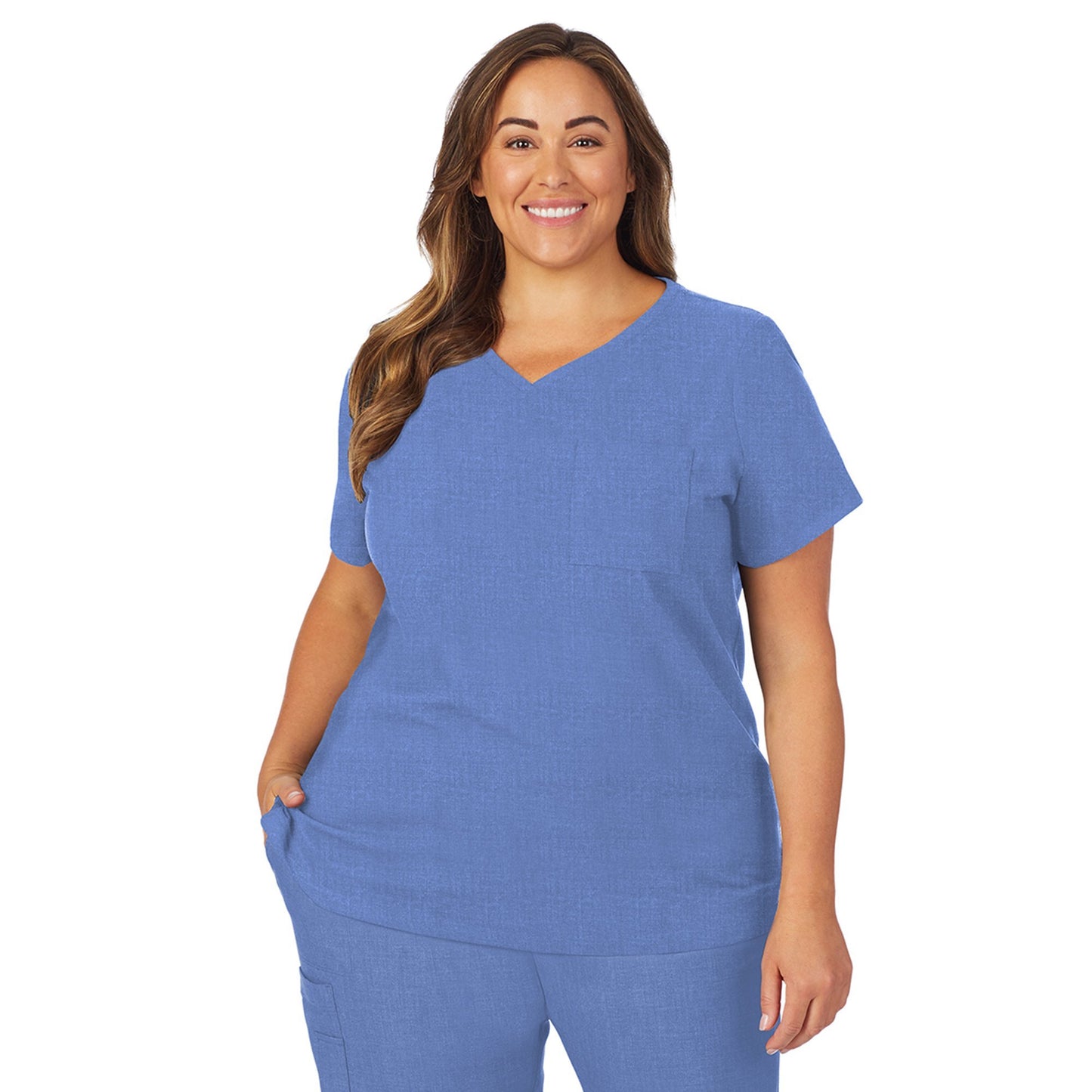 Ceil Heather;Model is wearing size 1X. She is 5’9.5”, Bust 43”, Waist 37”, Hips 49.5”.@A lady wearing ceil heather scrub v-neck top with chest pocket plus.