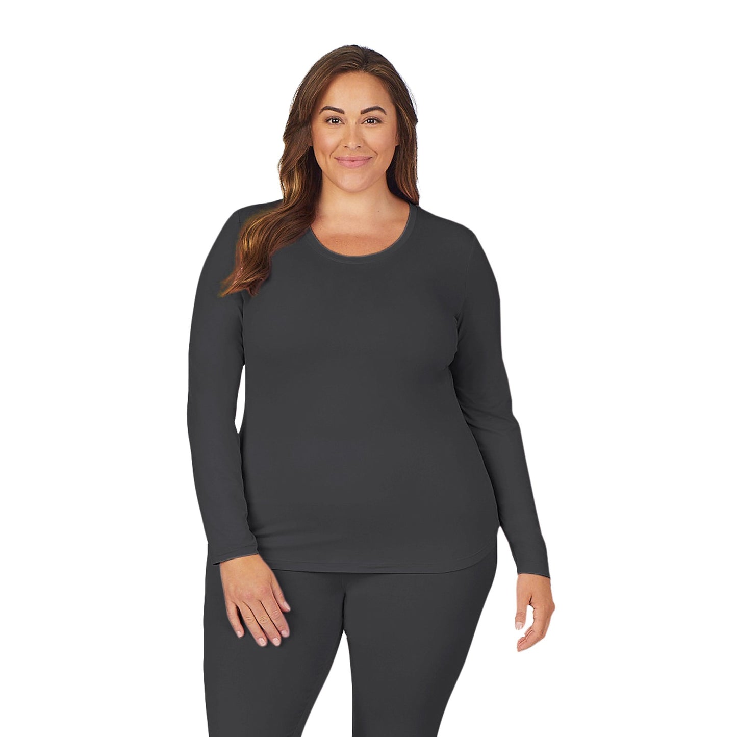 Charcoal;Model is wearing size 1X. She is 5’9.5”, Bust 43”, Waist 37”, Hips 49.5”.@A lady wearing charcoal long sleeve underscrub crew neck top plus.