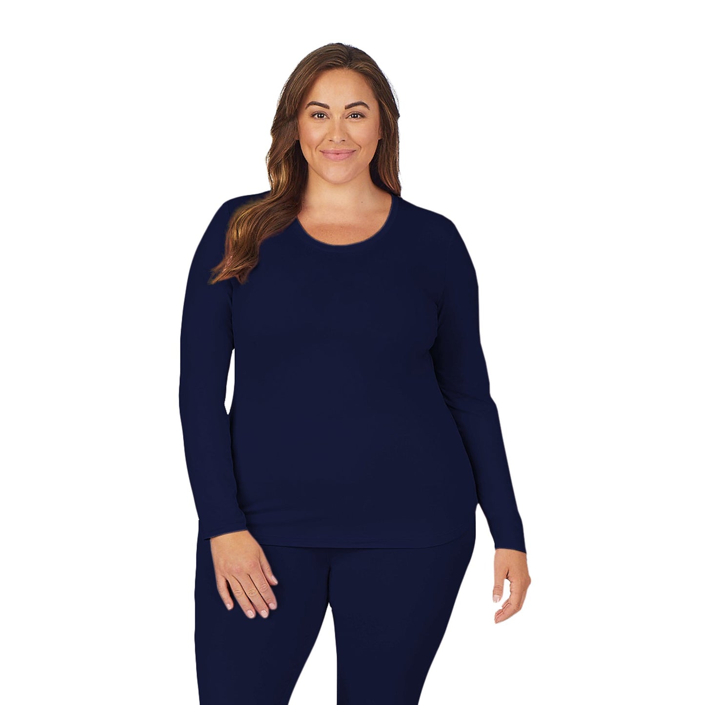 Navy;Model is wearing size 1X. She is 5’9.5”, Bust 43”, Waist 37”, Hips 49.5”.@A lady wearing navy neck long sleeve underscrub crew neck top plus.
