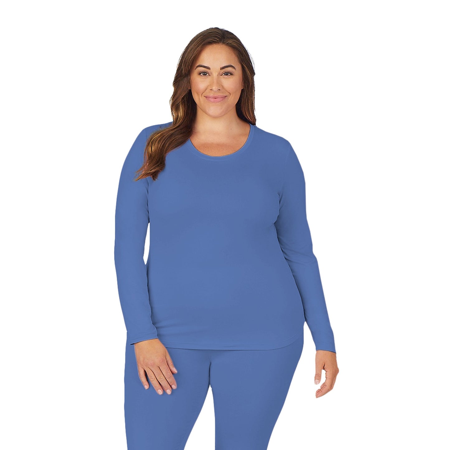 Ceil;Model is wearing size 1X. She is 5’9.5”, Bust 43”, Waist 37”, Hips 49.5”.@A lady wearing ceil long sleeve underscrub crew neck top plus.