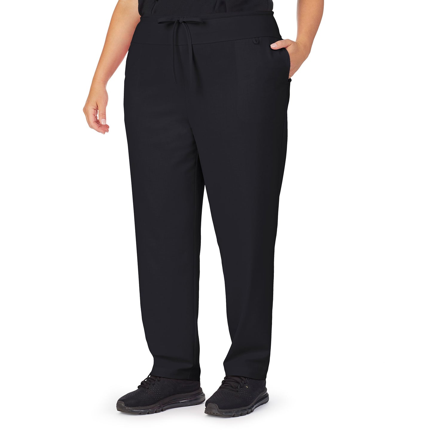 Black;Model is wearing size 1X. She is 5’9.5”, Bust 43”, Waist 37”, Hips 49.5”.@A lady wearing black scrub classic pant plus.