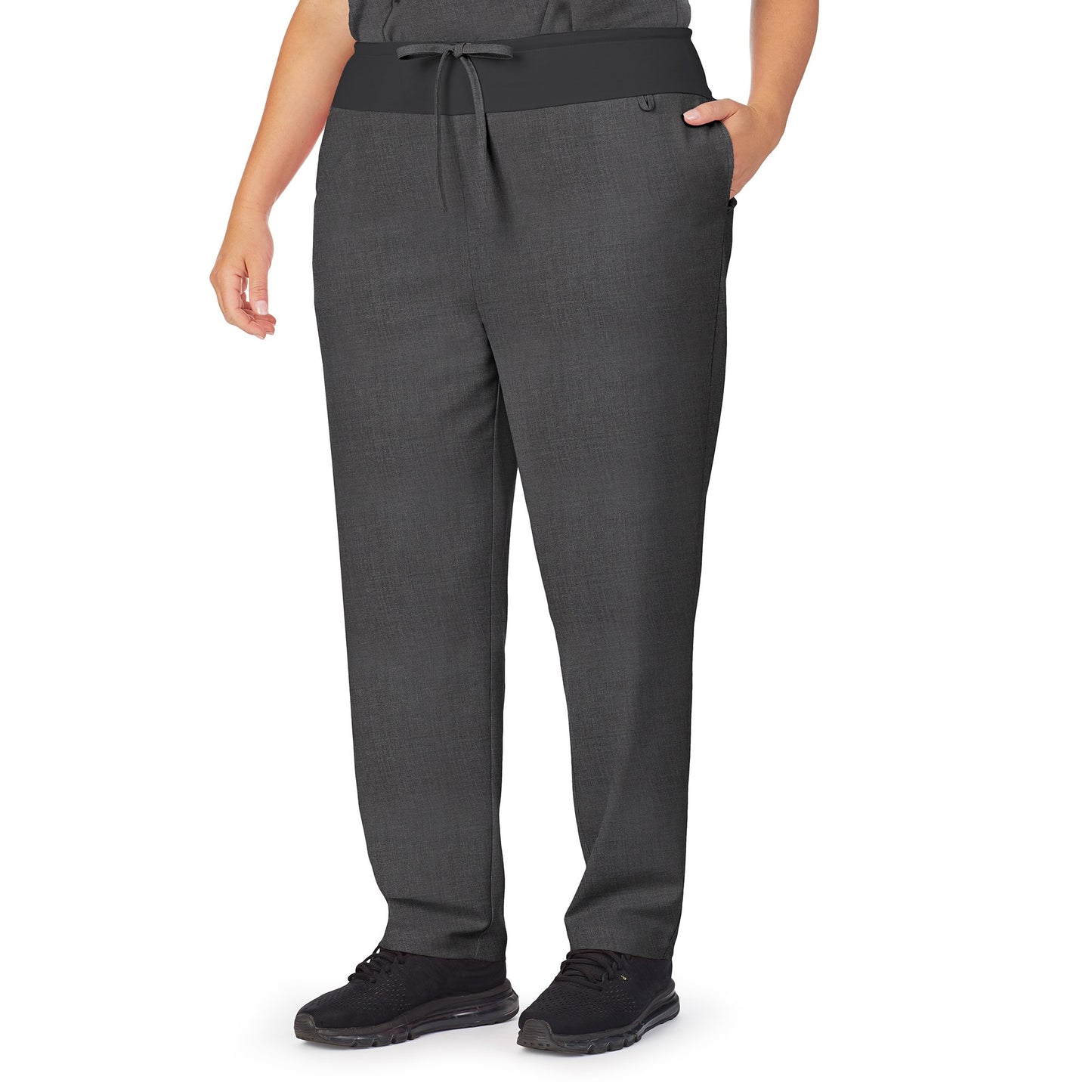 Charcoal Heather;Model is wearing size 1X. She is 5’9.5”, Bust 43”, Waist 37”, Hips 49.5”.@A lady wearing charcoal heather scrub classic pant plus.