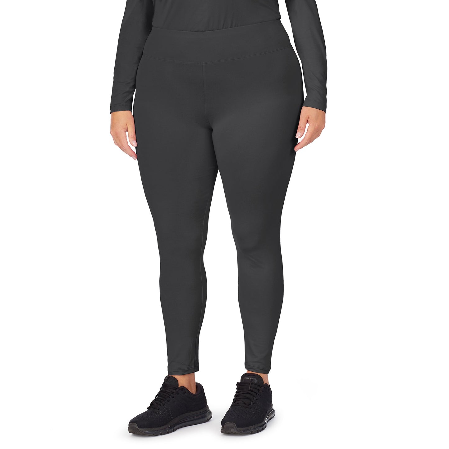 Charcoal;Model is wearing size 1X. She is 5’9.5”, Bust 43”, Waist 37”, Hips 49.5”.@A lady wearing Charcoal underscrub legging plus.