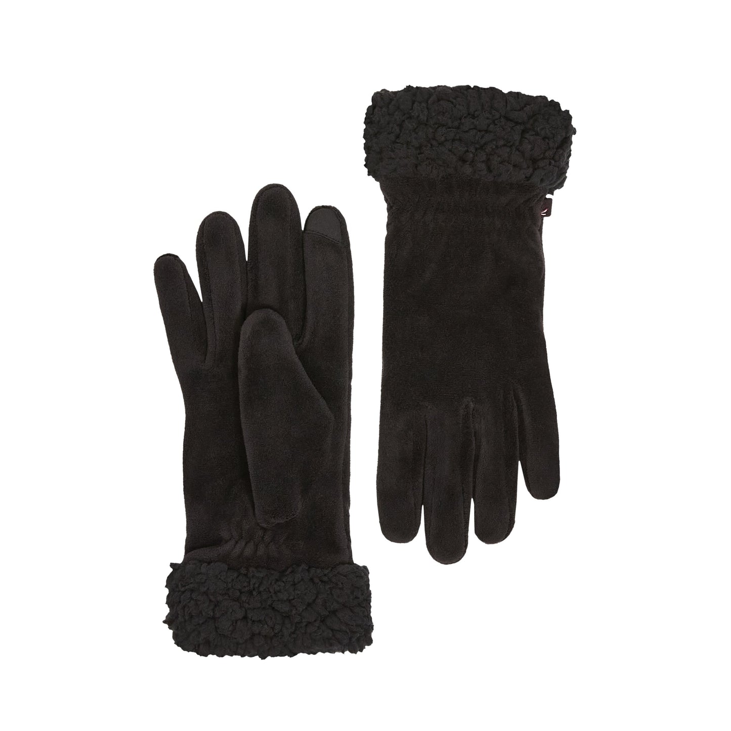 Black; @Double Plush Velour and Faux Fur Gloves with Sherpa Cuff