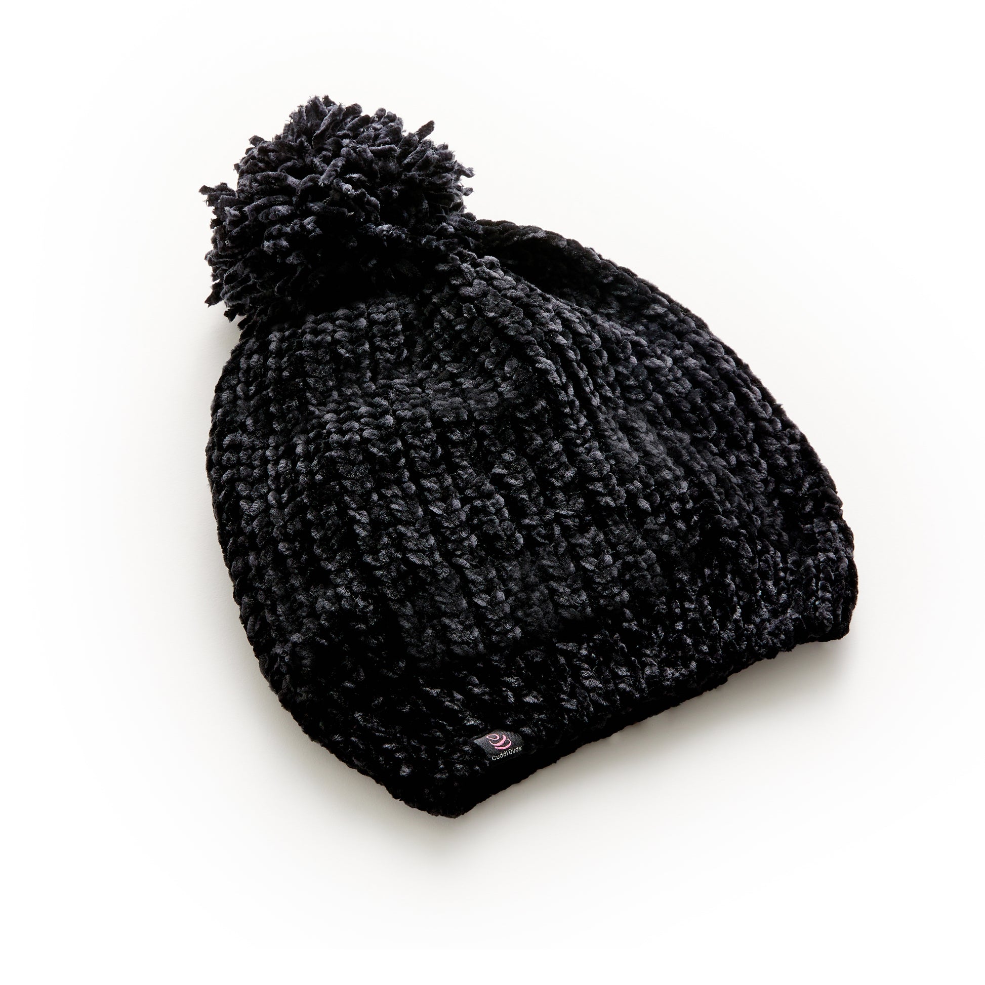 Black;@Chenille Beanie with Pom