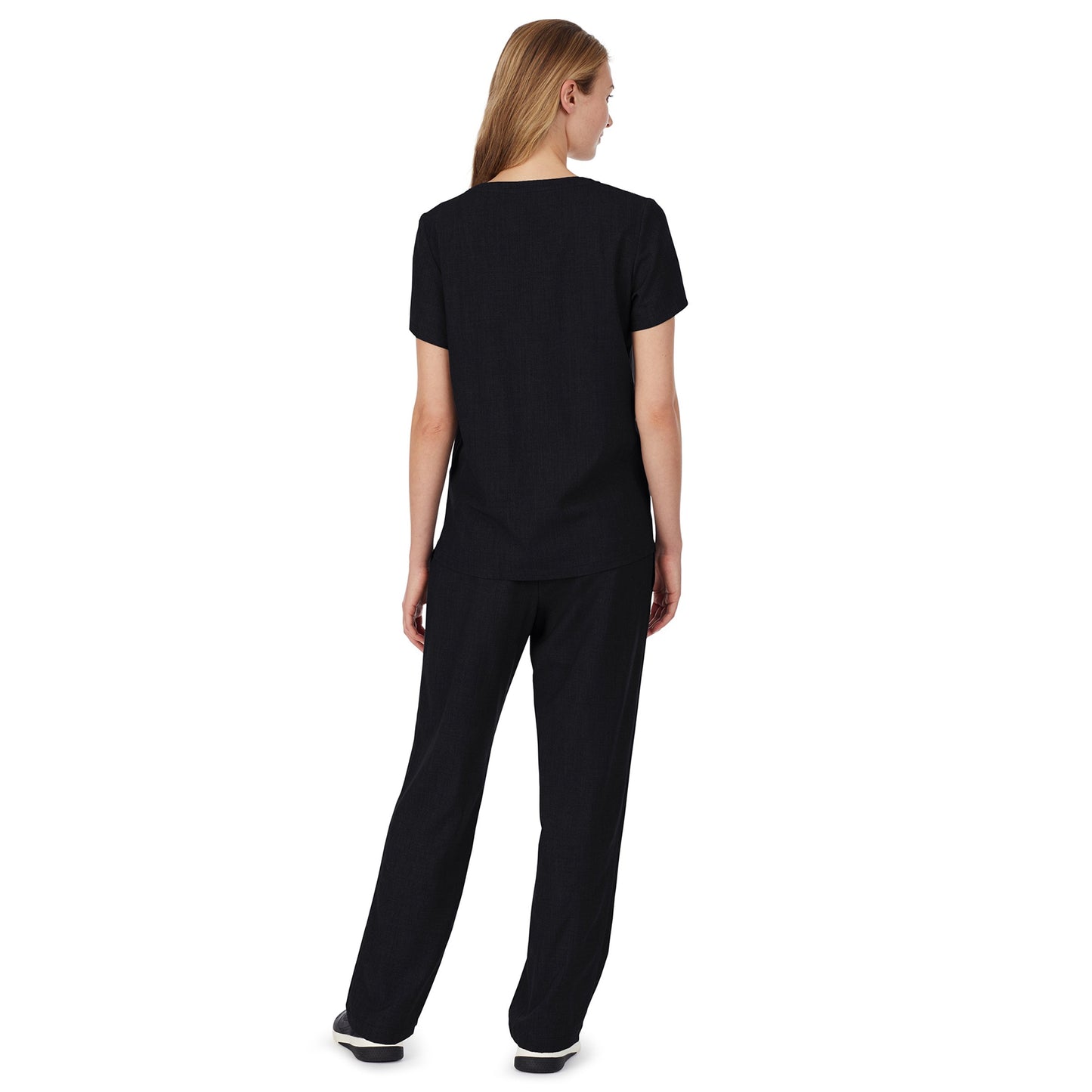 Black;@A lady wearing black scrub v-neck top with chest pocket petite.