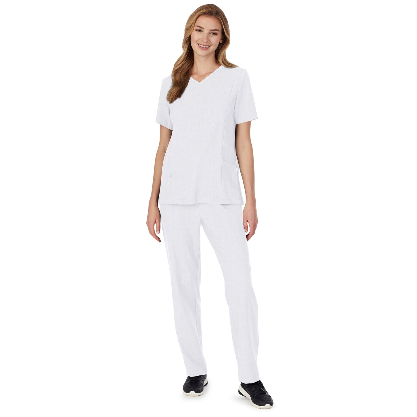 White;A lady wearing white scrub v-neck top with side pockets petite.