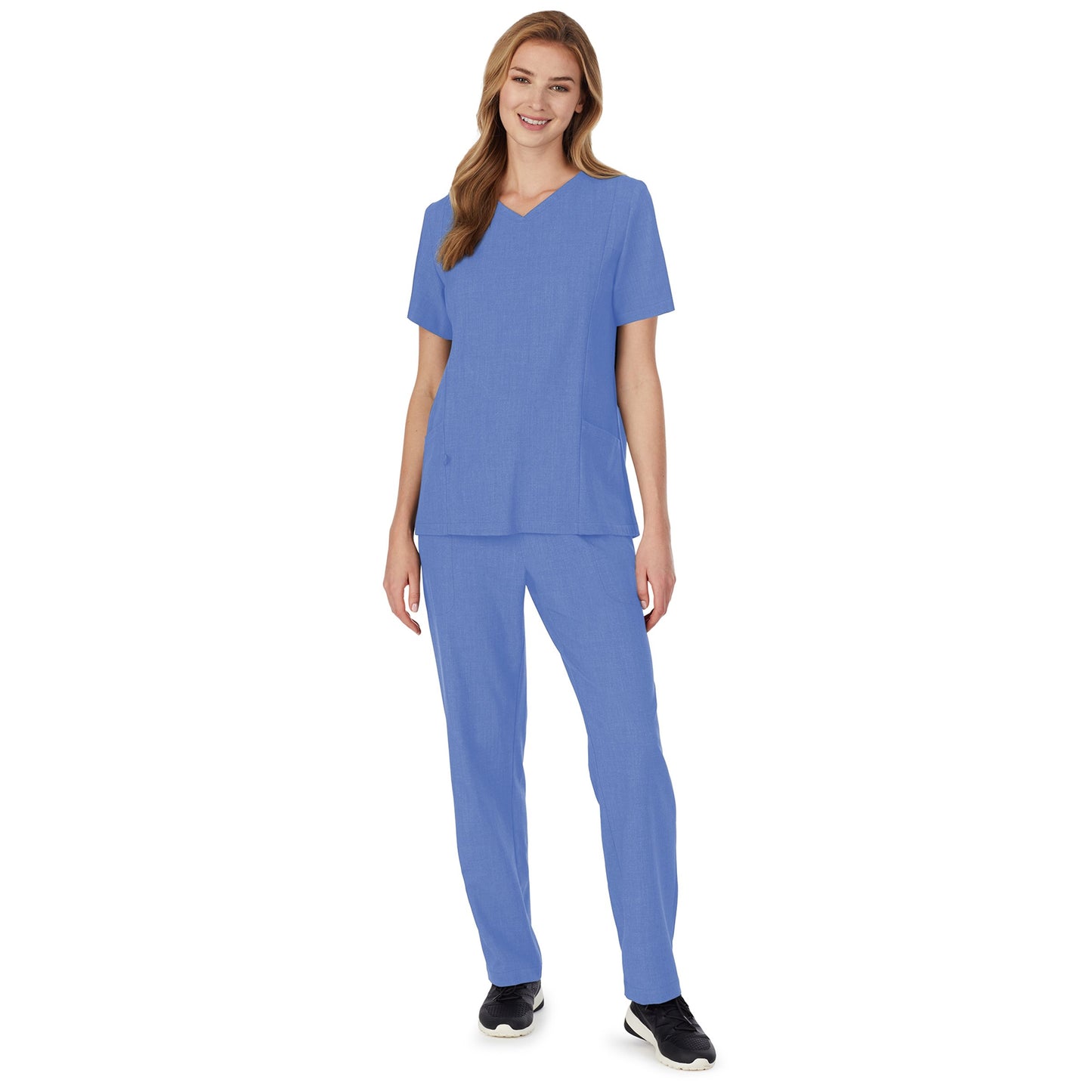 Ceil Heather;A lady wearing ceil heather scrub v-neck top with side pockets petite.