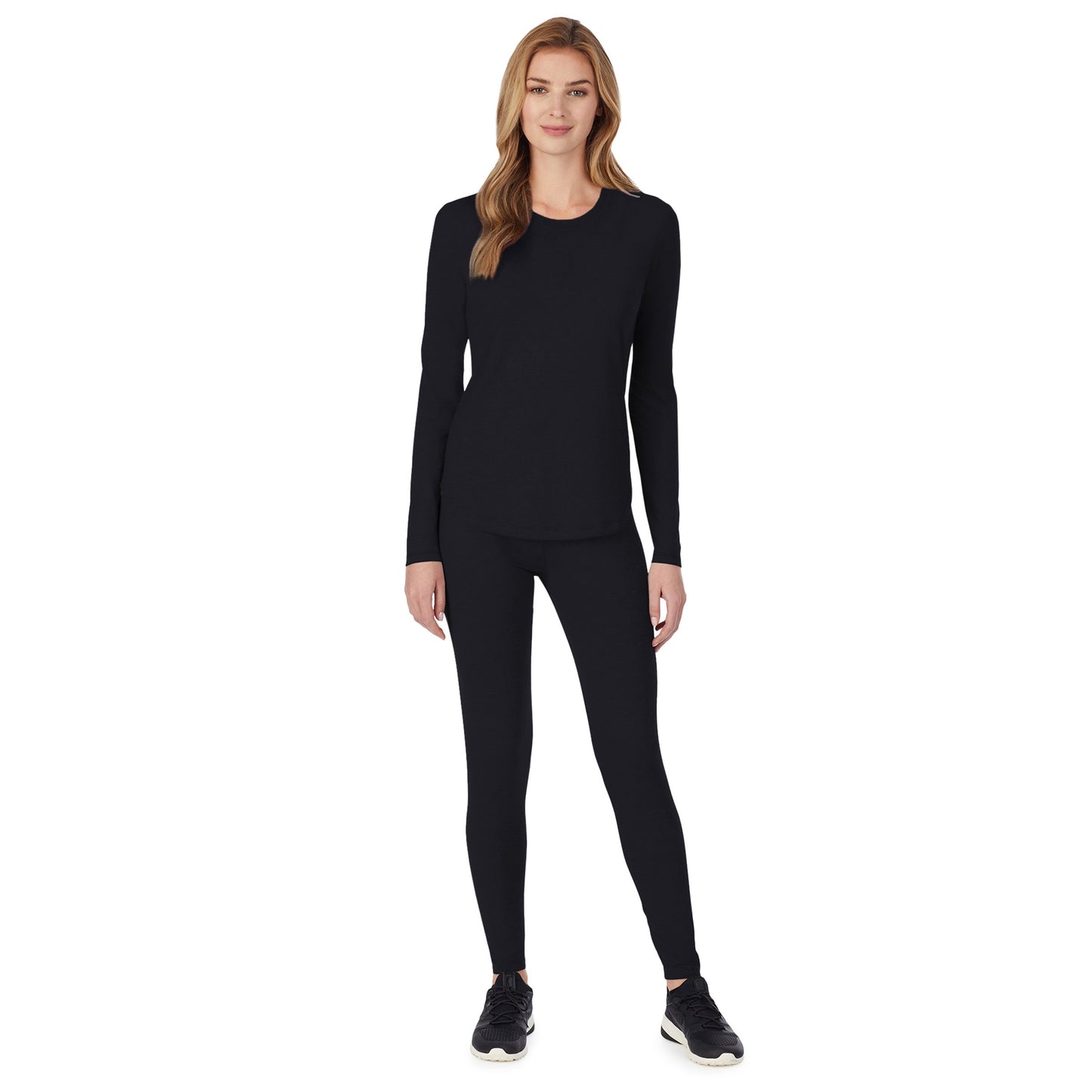 Black;Model is wearing size S. She is 5’9”, Bust 32”, Waist 23", Hips 34.5”. @A lady wearing black long sleeve underscrub crew neck to prtite.