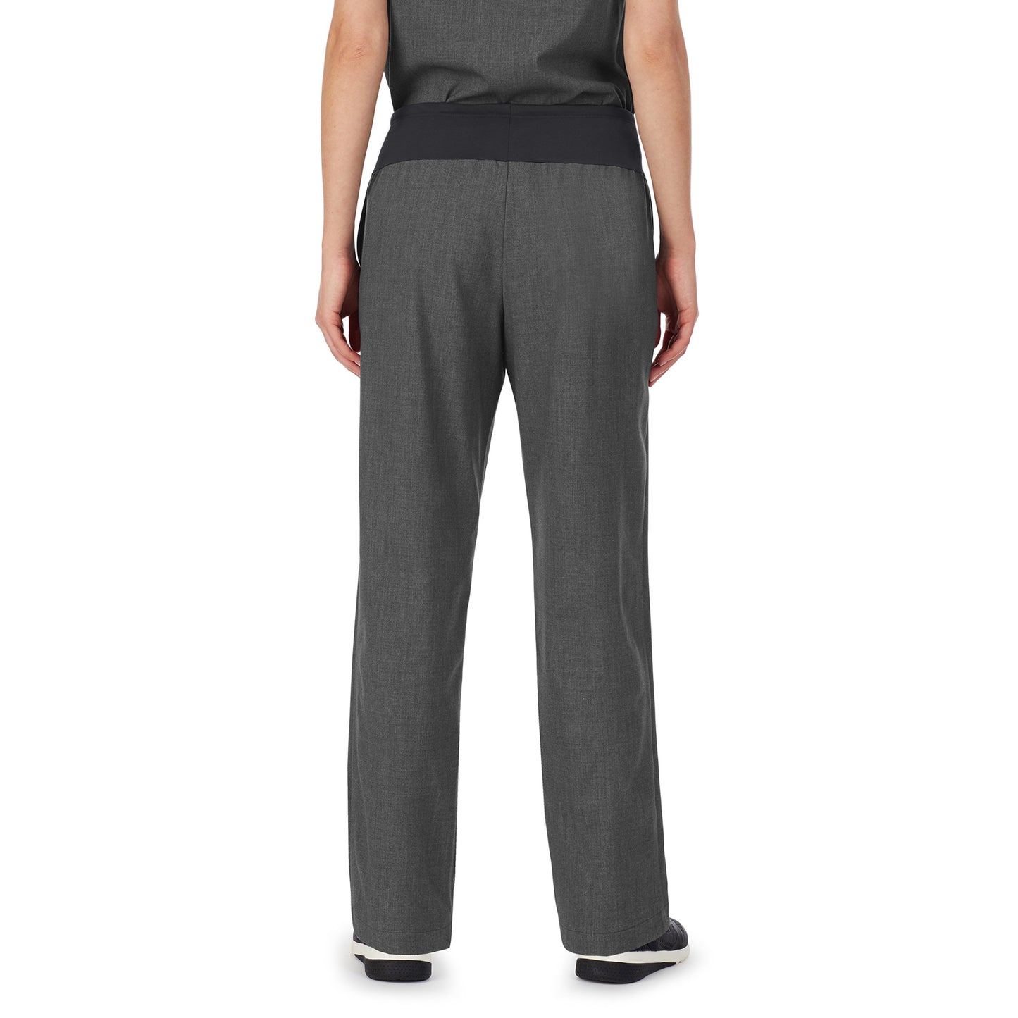 Charcoal Heather;@A lady wearing charcoal heather scrub classic pant petite.