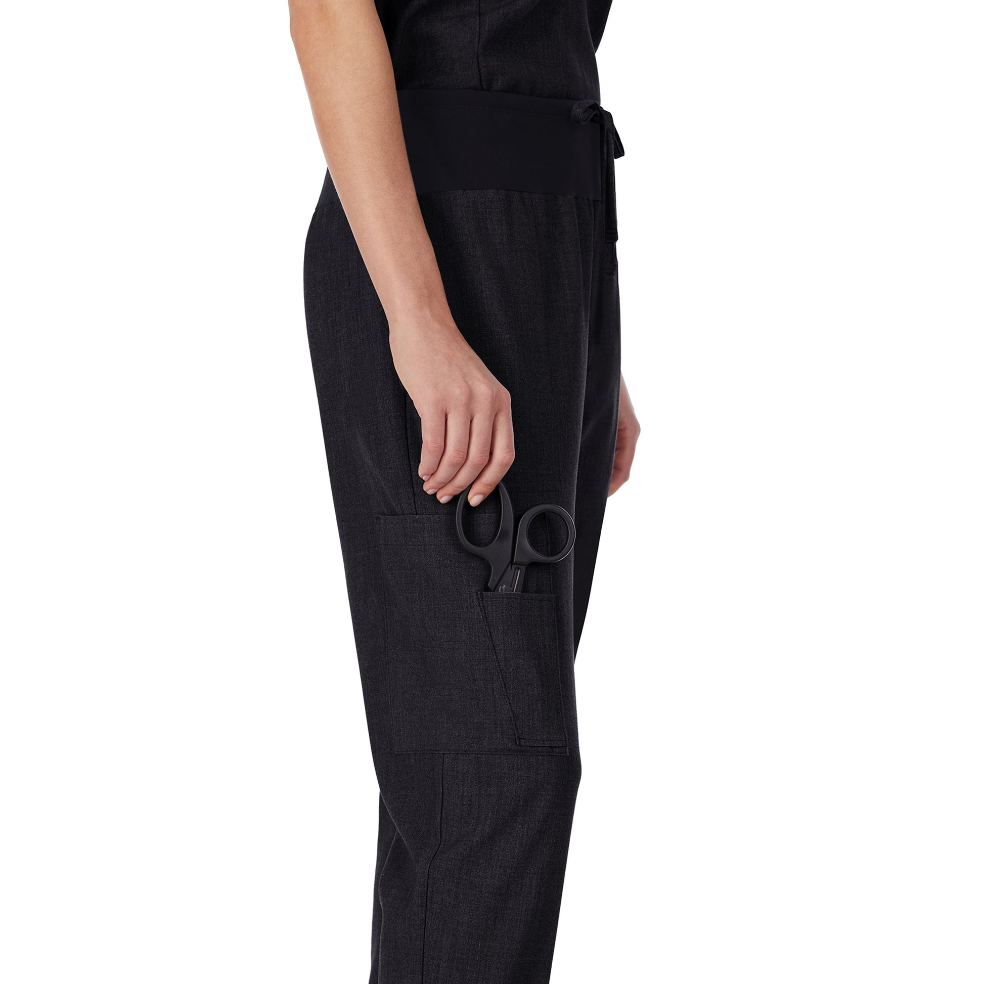 Black;@A lady wearing black scrub jogger pant petite.