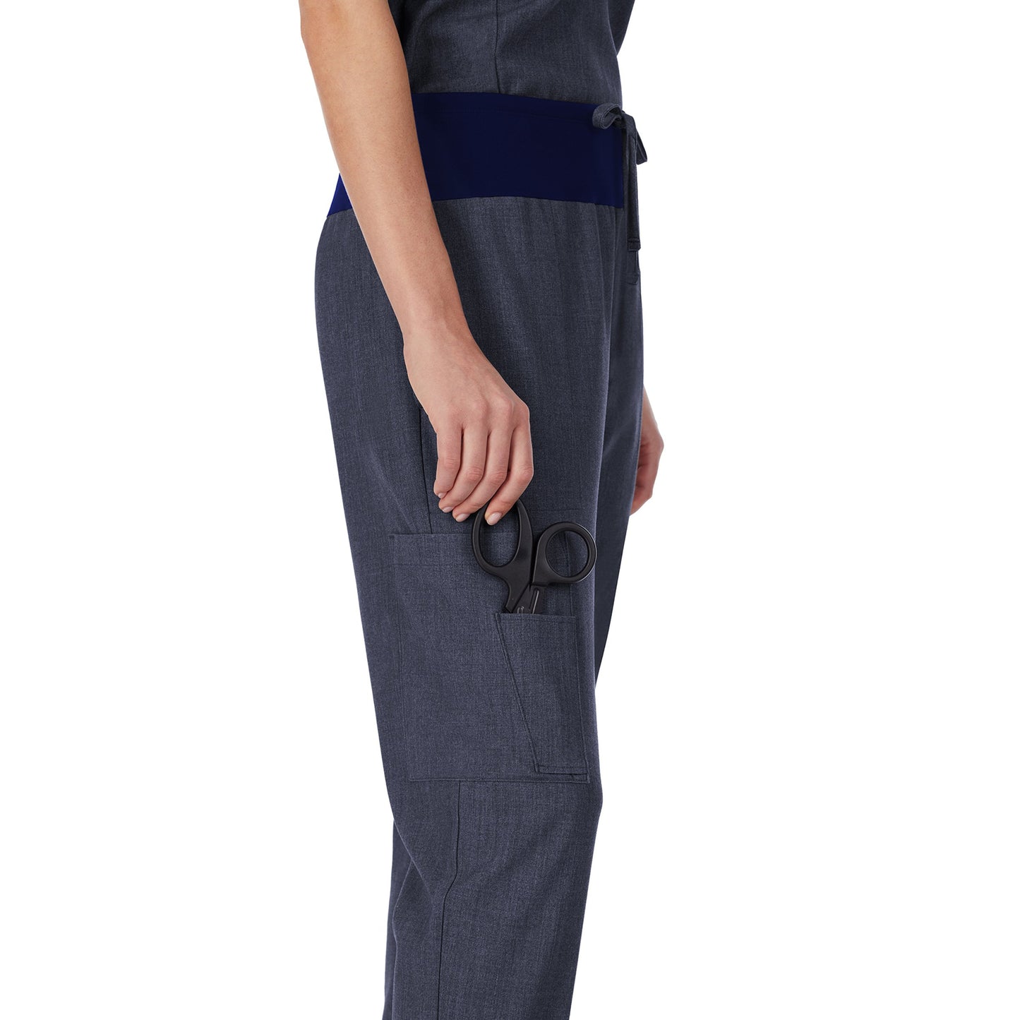 Navy Heather;@A lady wearing navy heather scrub jogger pant petite.