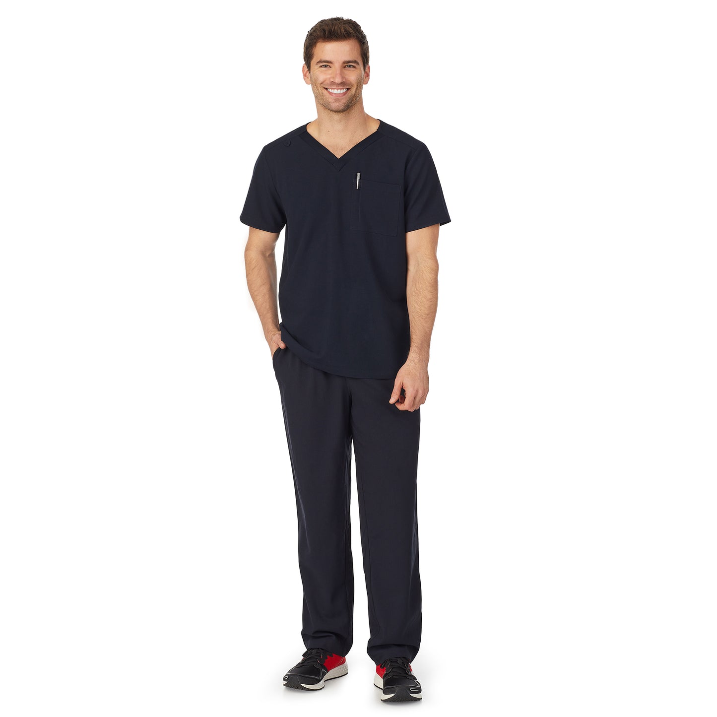 Black;Model is wearing size M. He is 6'2", Waist 32", Inseam 32".@A man wearing black mens scrub v-neck top with chest pocket.