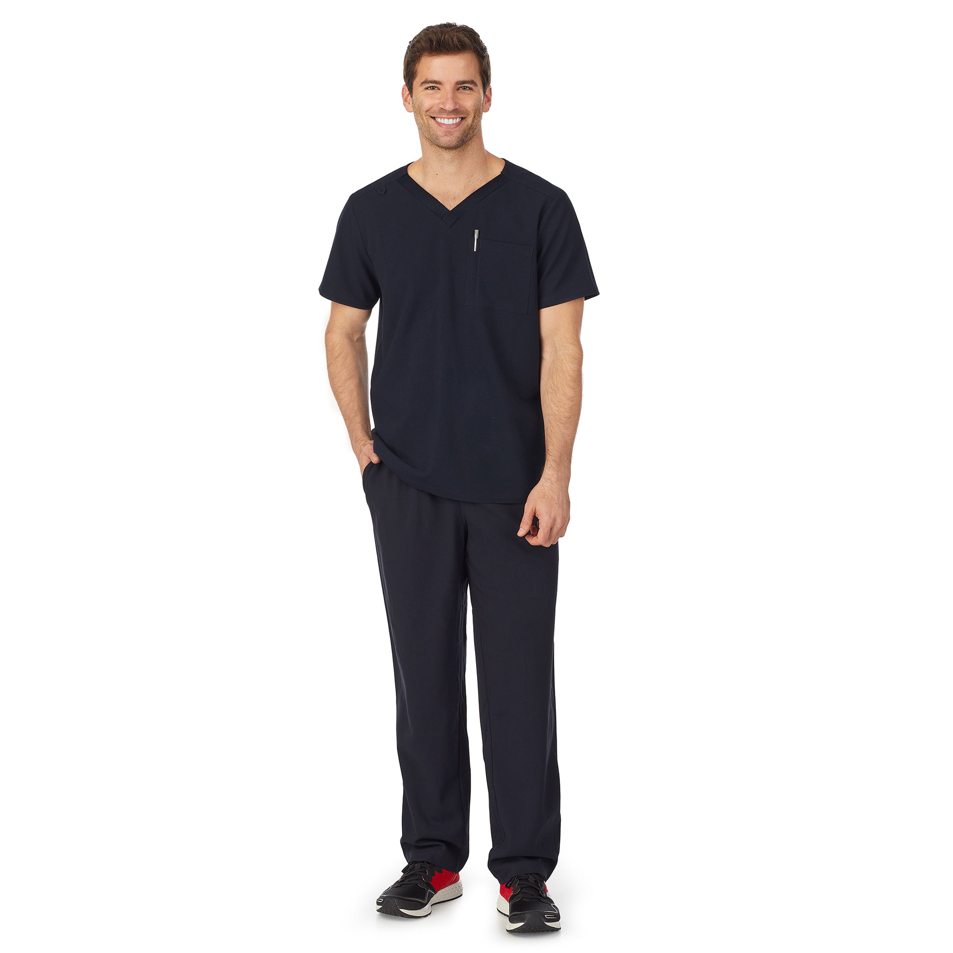 A man wearing black mens scrub v-neck top with chest pocket.