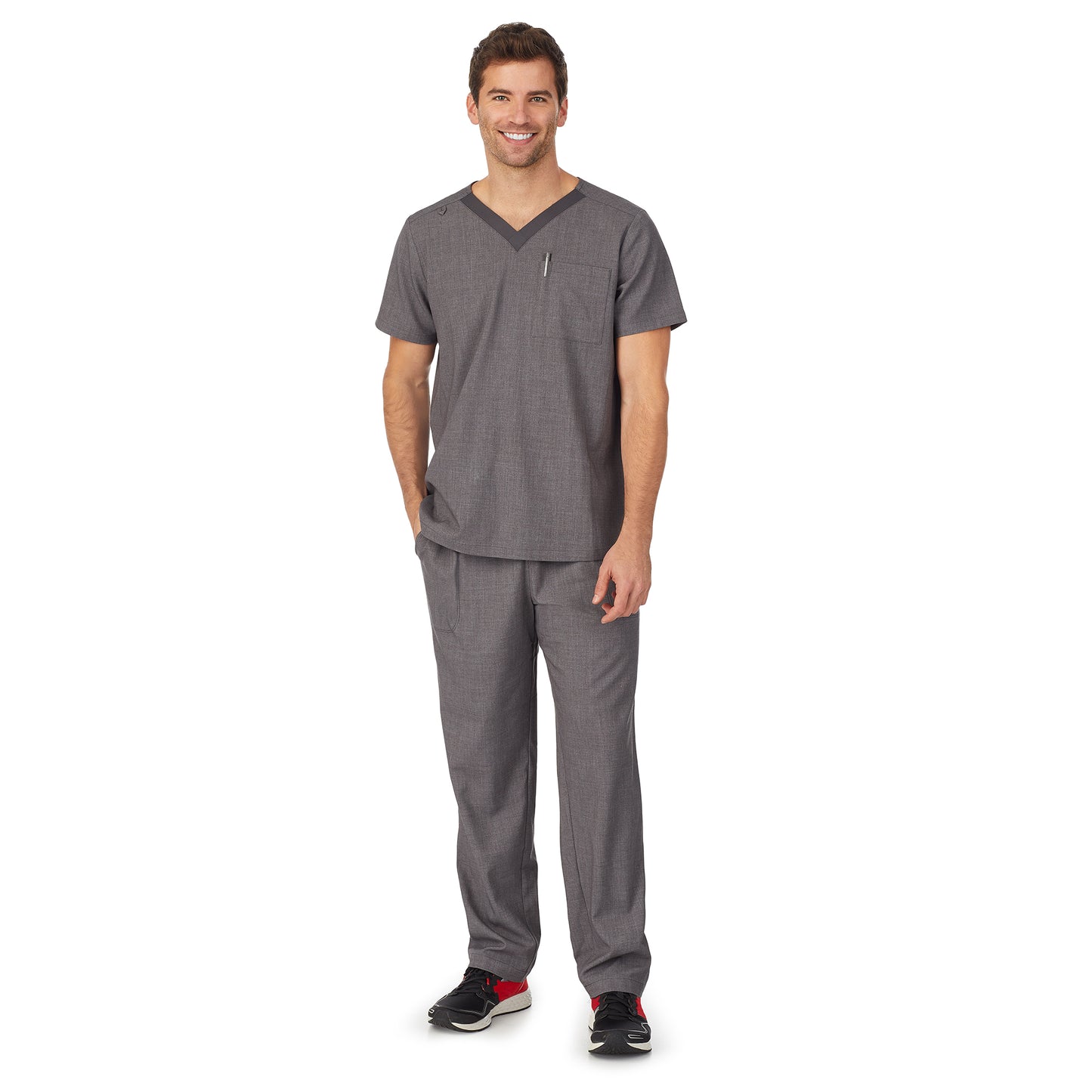 Charcoal Heather;Model is wearing size M. He is 6'2", Waist 32", Inseam 32".@A man wearing charcoal heather mens scrub v-neck top with chest pocket.