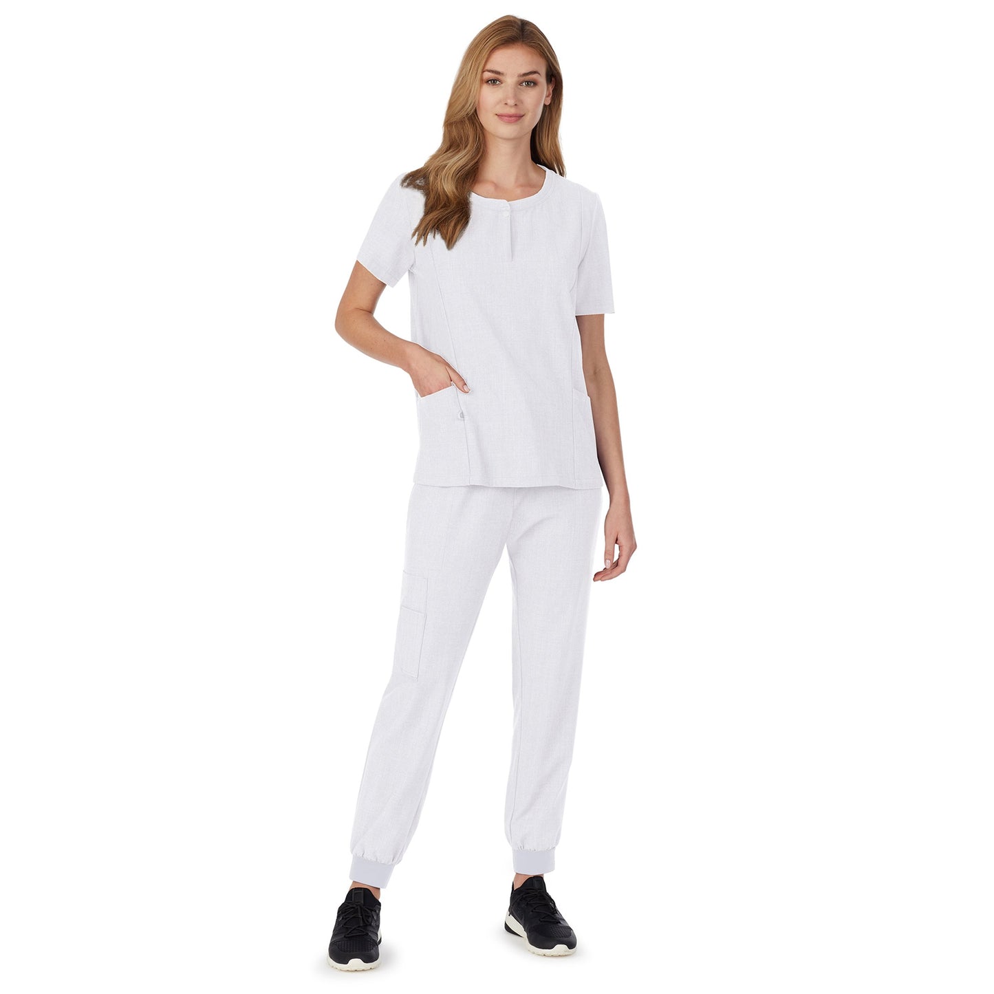 White;Model is wearing size S. She is 5’9”, Bust 32”, Waist 23", Hips 34.5”.@A lady wearing white short sleeve scrub henley neck top with side pockets.