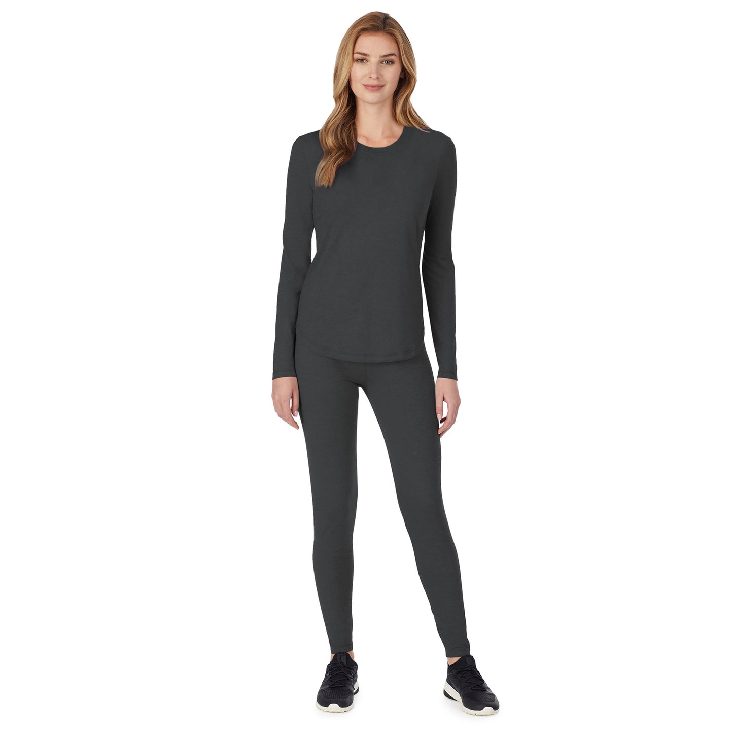 Charcoal;Model is wearing size S. She is 5’9”, Bust 32”, Waist 23", Hips 34.5”.@A lady wearing a charcoal long sleeve underscrub crew neck top.