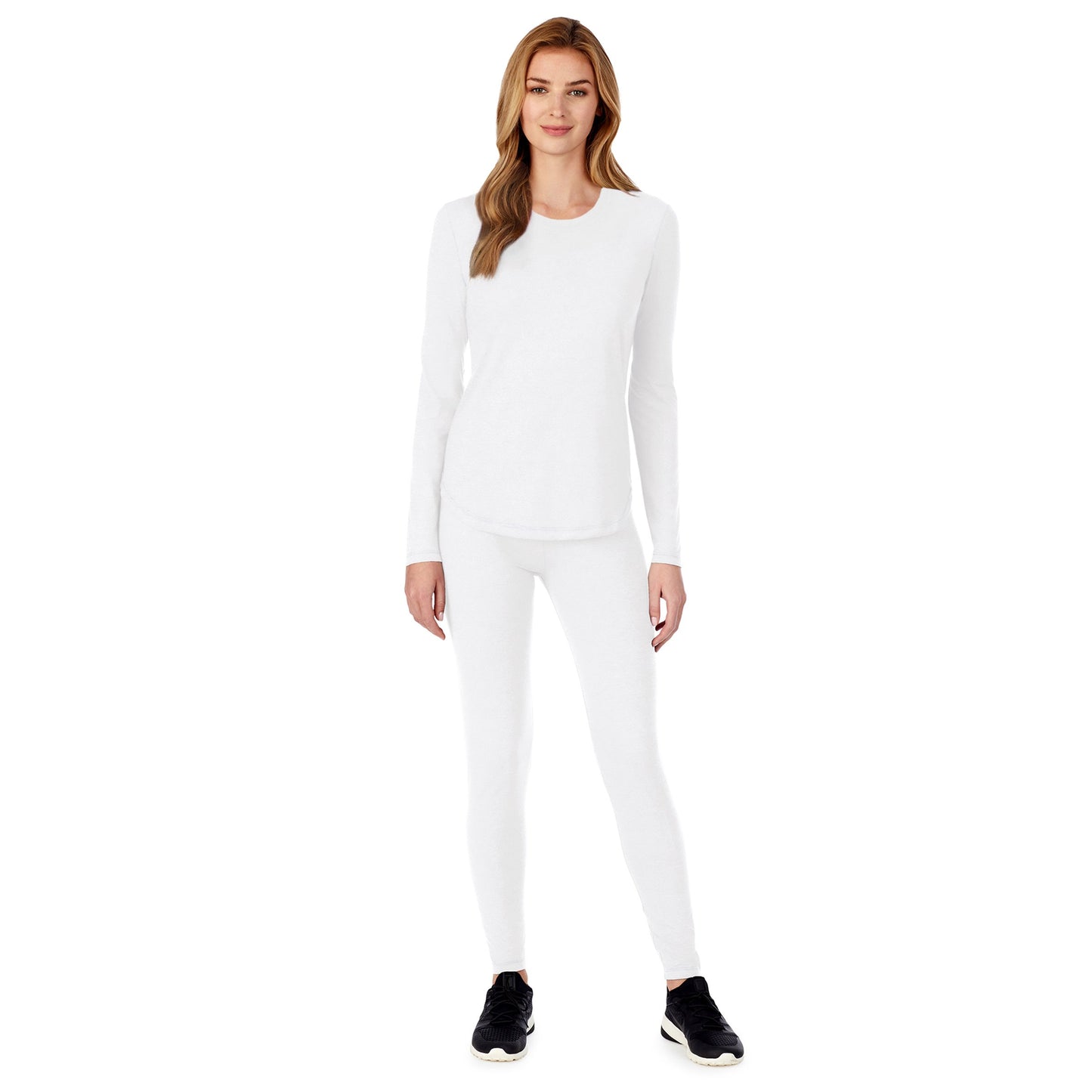 White;Model is wearing size S. She is 5’9”, Bust 32”, Waist 23", Hips 34.5”.@A lady wearing a white long sleeve underscrub crew neck top.